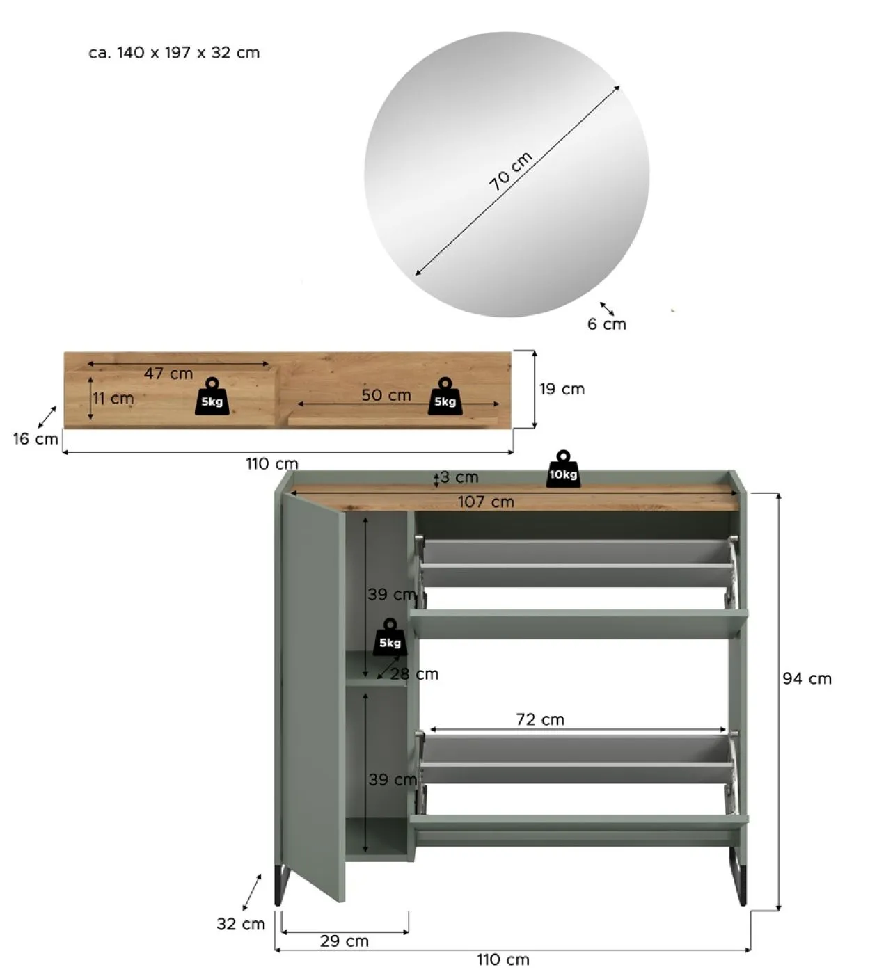 Garderoben-Set Drive 4 | Salbei / Artisan Oak | 3-teilig mit Beleuchtung
