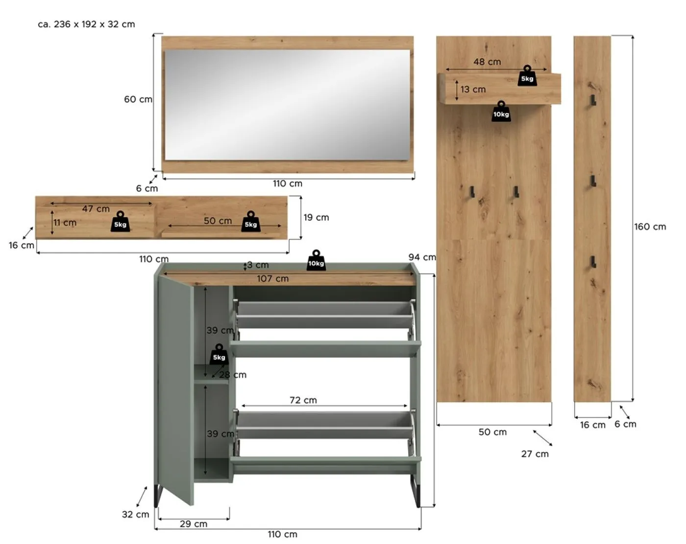 Garderoben-Set Drive | Salbei / Artisan Oak | 5-teilig mit Beleuchtung