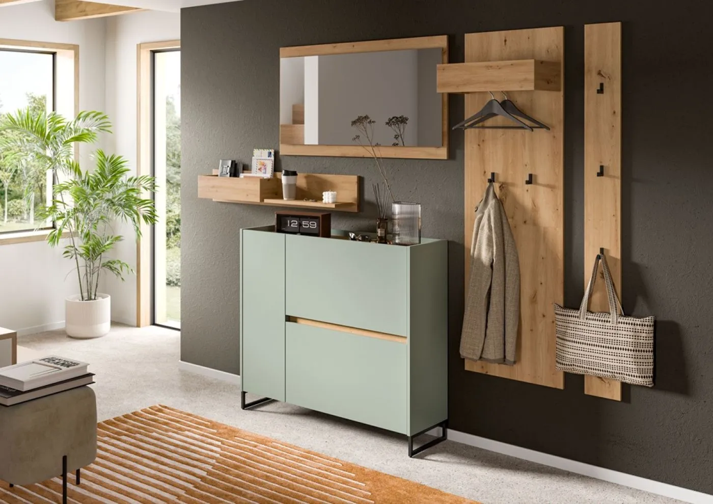 Garderoben-Set Drive | Salbei / Artisan Oak | 5-teilig mit Beleuchtung