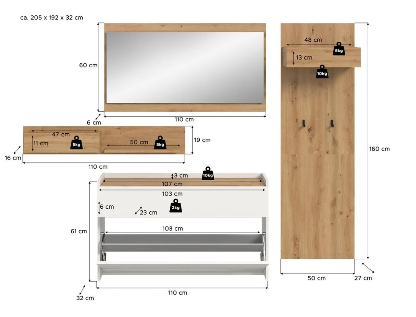 Garderoben-Set Drive | weiß / Artisan Oak | 4-teilig