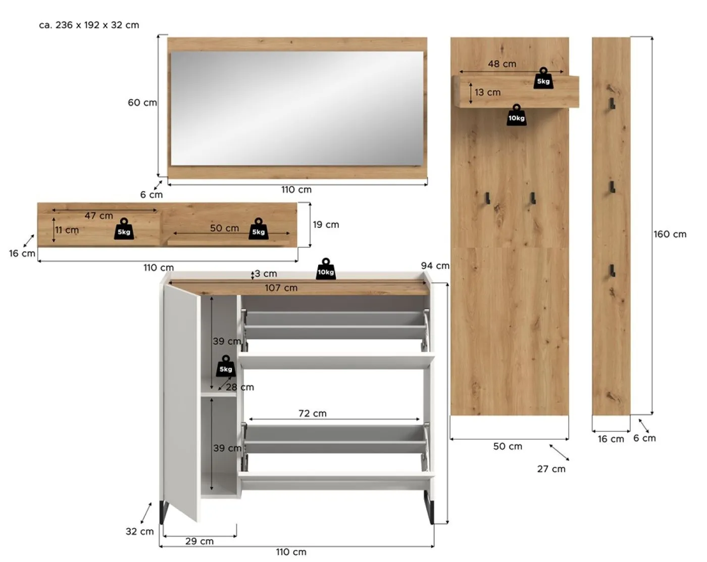 Garderoben-Set Drive | weiß / Artisan Oak | 5-teilig mit Beleuchtung