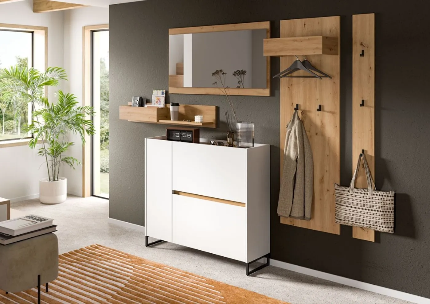 Garderoben-Set Drive | weiß / Artisan Oak | 5-teilig mit Beleuchtung