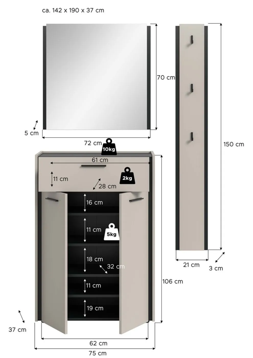 Garderoben-Set Emil 1 | Kaschmir / schwarz | 3-teilig