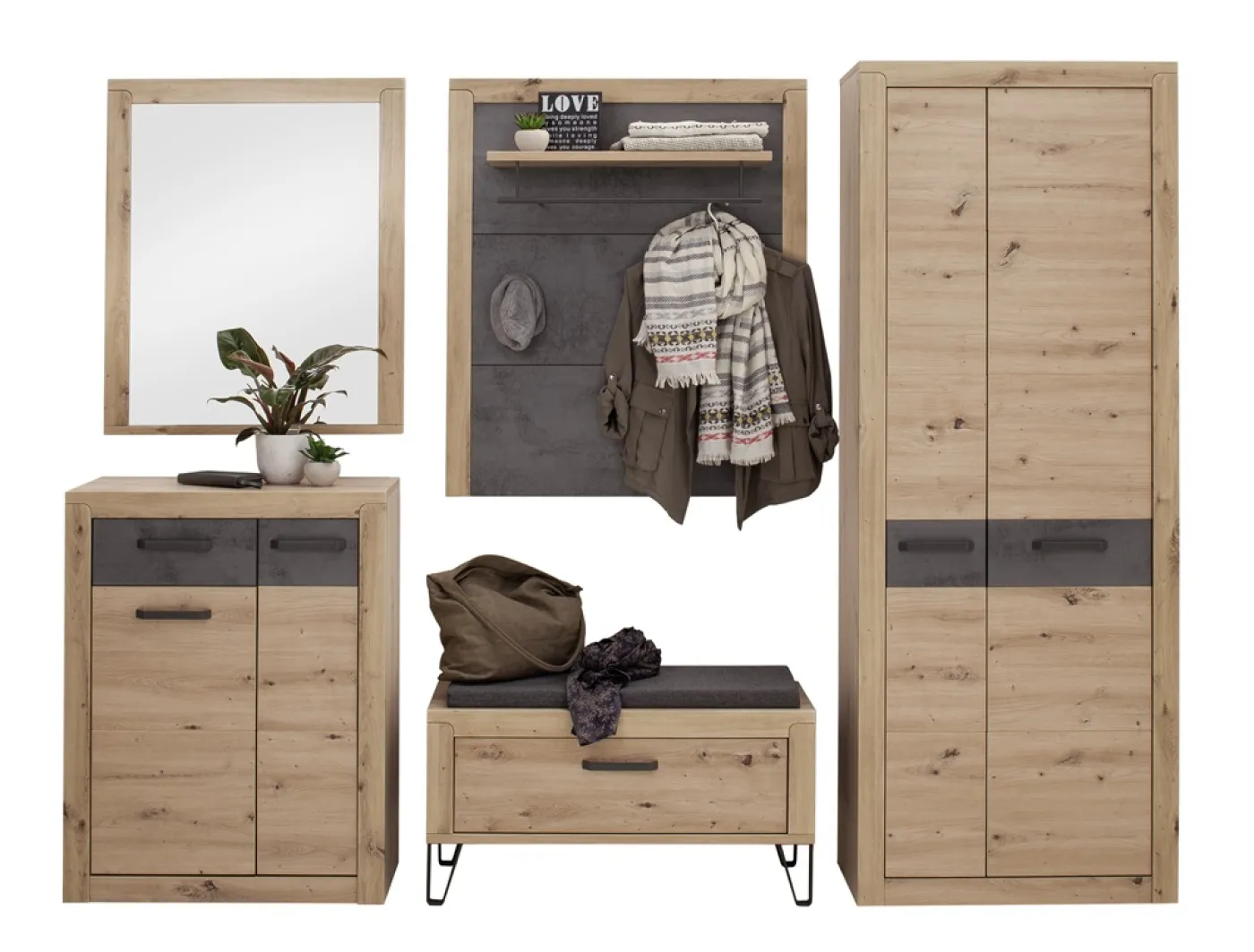 Garderoben Set Incata | Balkeneiche / Oxid grau | 5-teilig