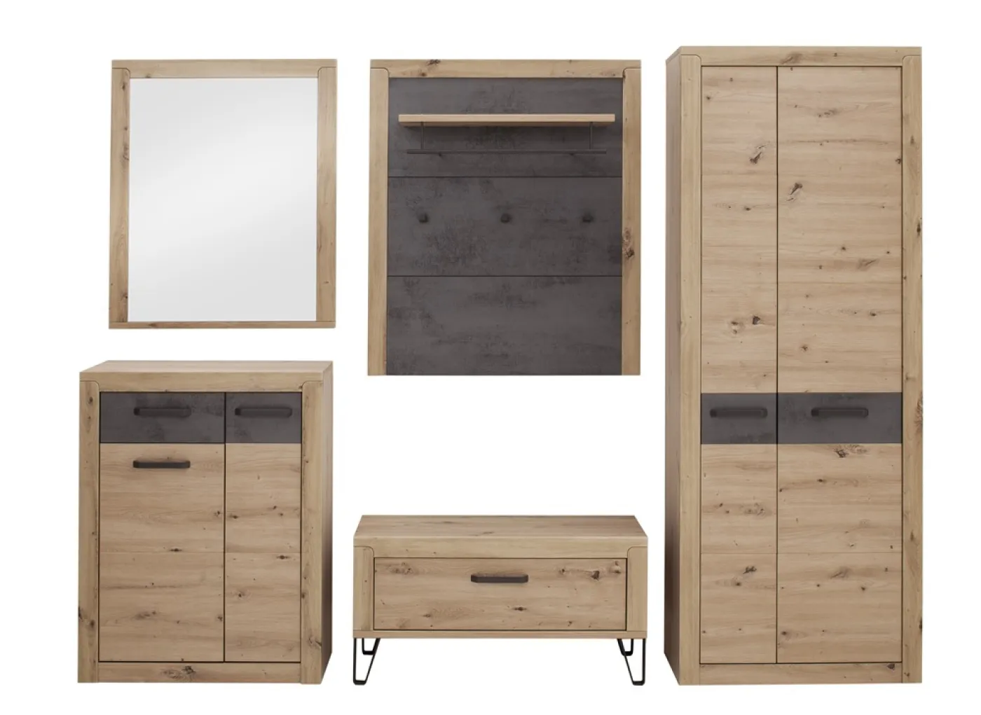 Garderoben Set Incata | Balkeneiche / Oxid grau | 5-teilig