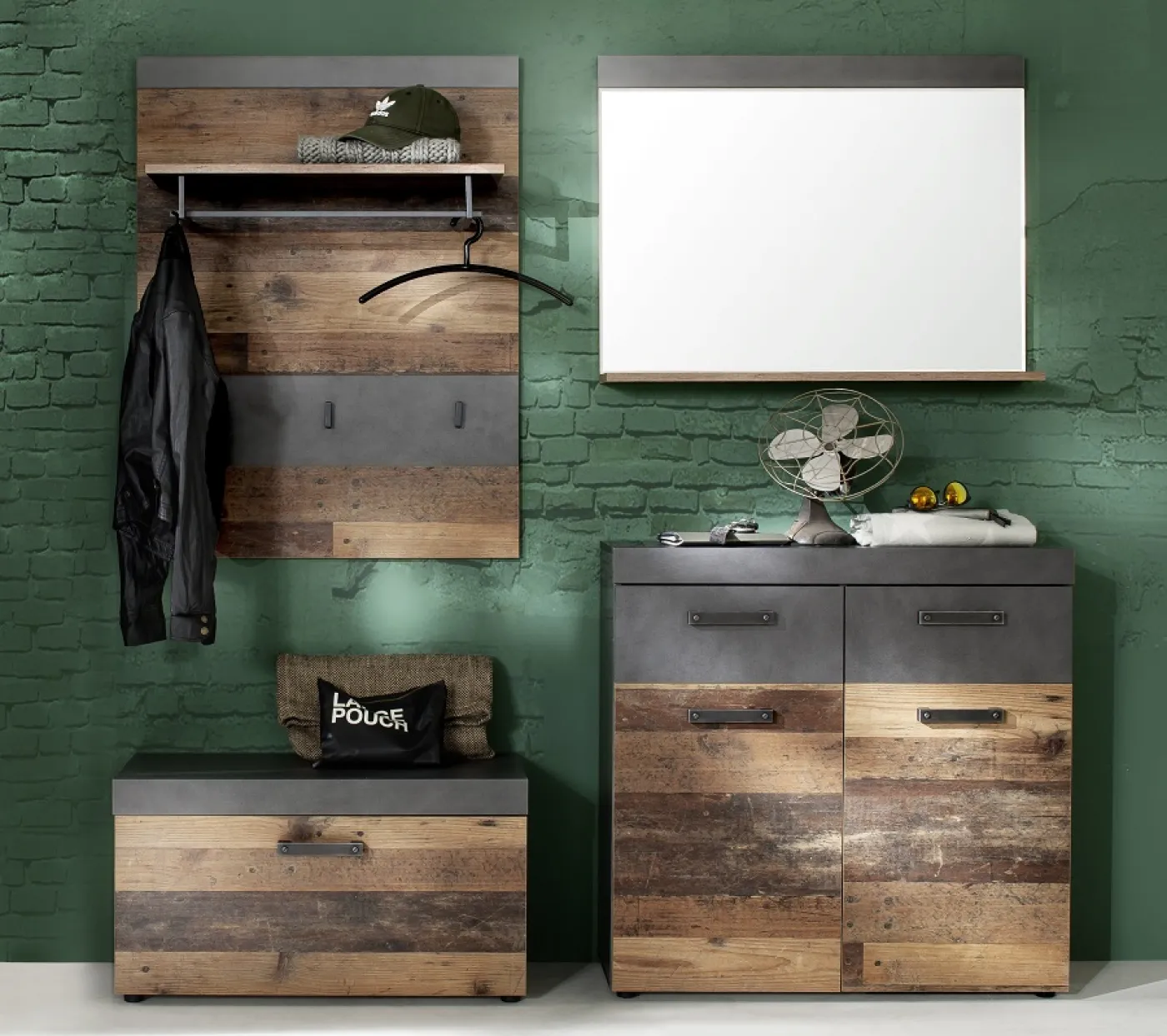 Garderoben-Set Indy | Old Used Wood / Matera grau | 4-teilig | Shabby