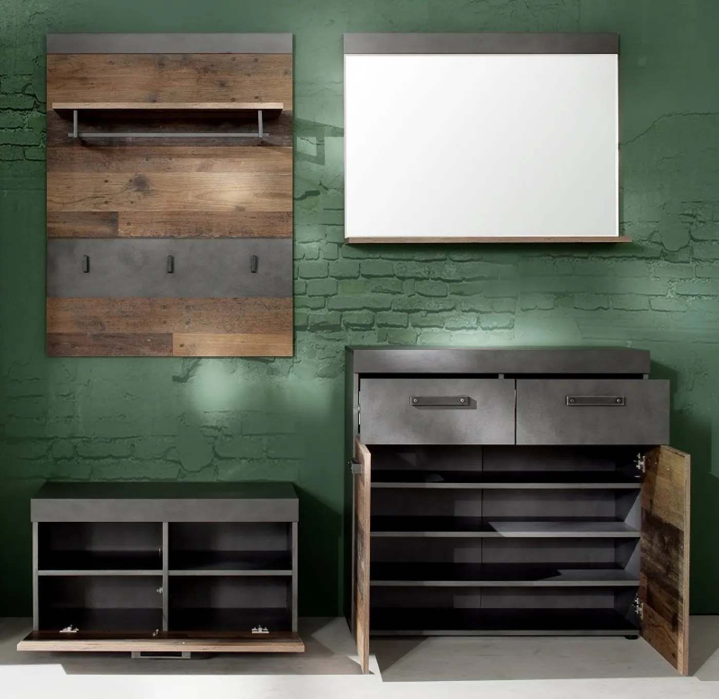 Garderoben-Set Indy | Old Used Wood / Matera grau | 4-teilig | Shabby