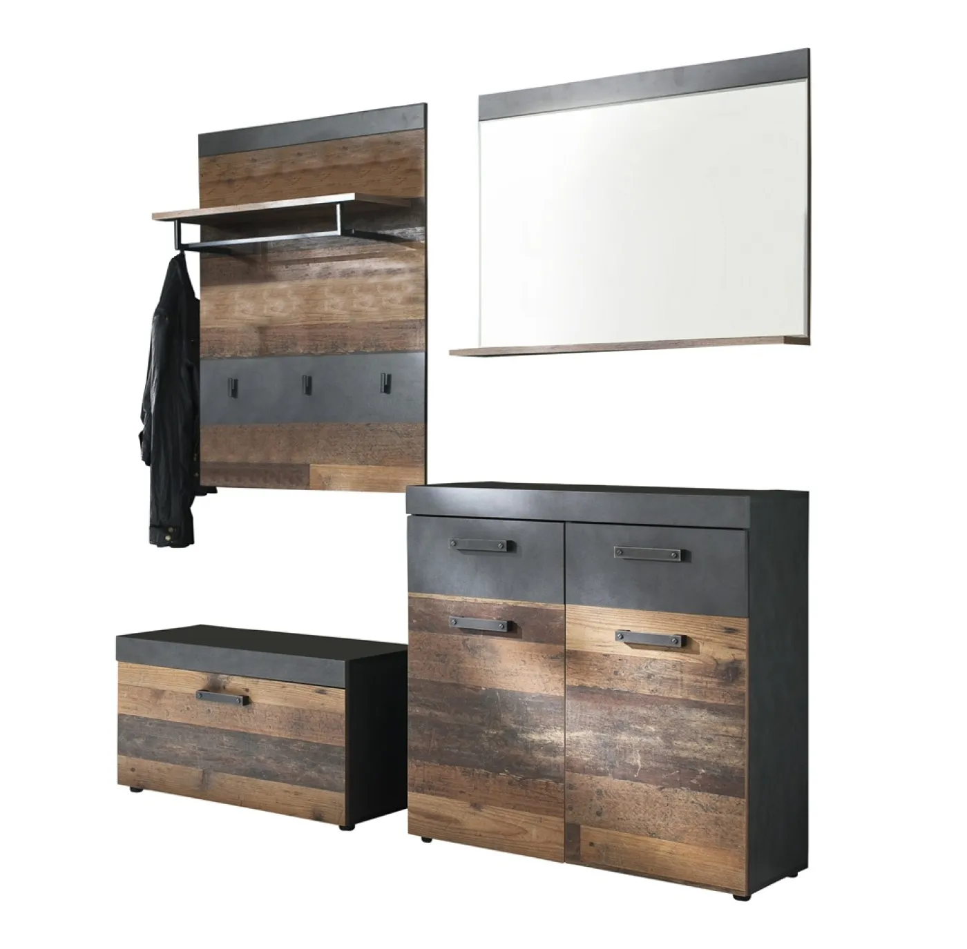 Garderoben-Set Indy | Old Used Wood / Matera grau | 4-teilig | Shabby