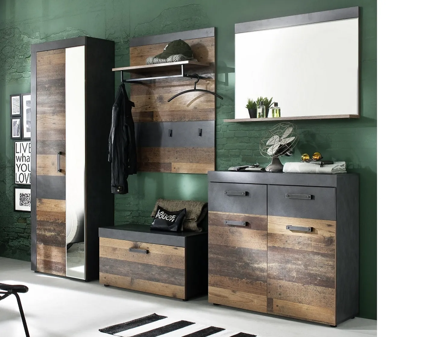 Garderoben-Set Indy | Old Used Wood / Matera grau | 5-teilig | Shabby