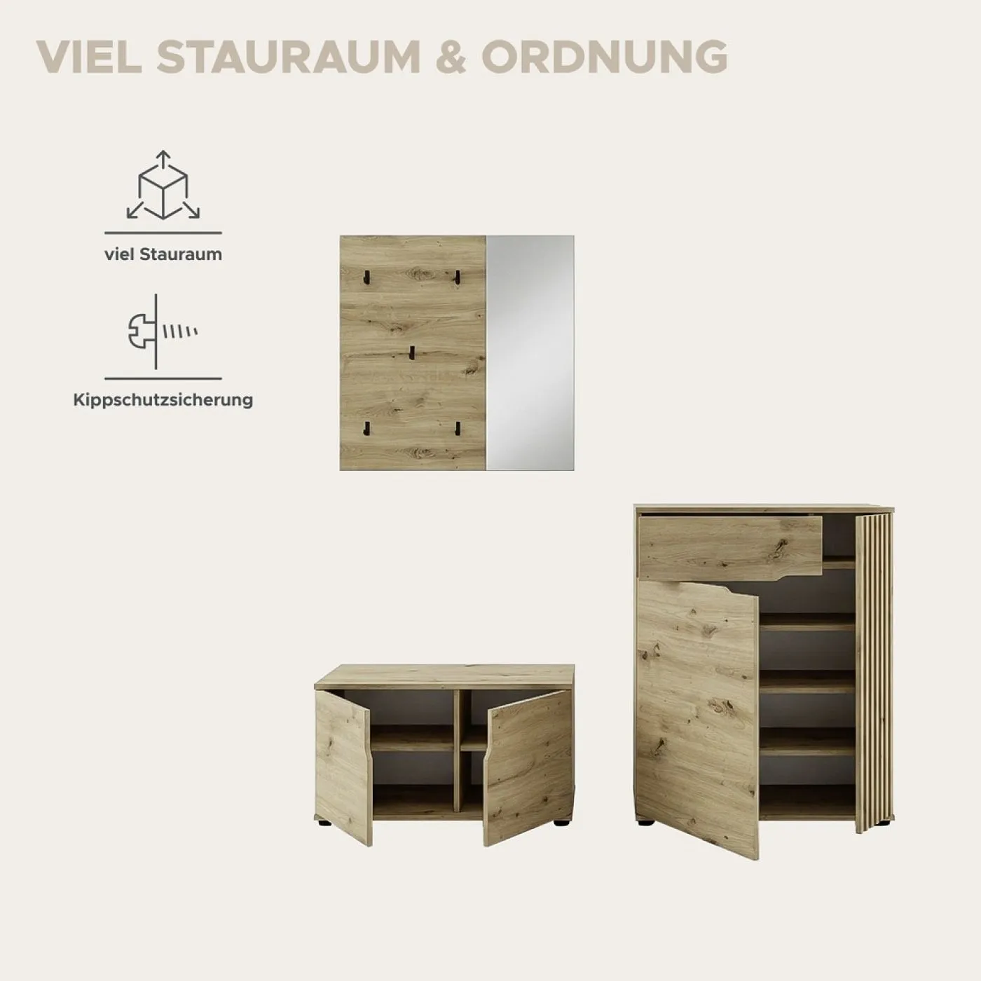 Garderoben-Set Keno 1 | Artisan Eiche | 3-teilig ohne Sitzkissen