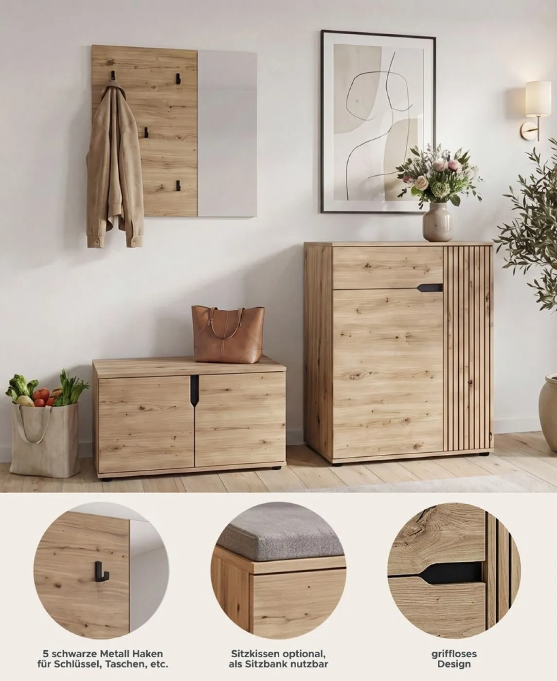 Garderoben-Set Keno 1 | Artisan Eiche | 3-teilig ohne Sitzkissen