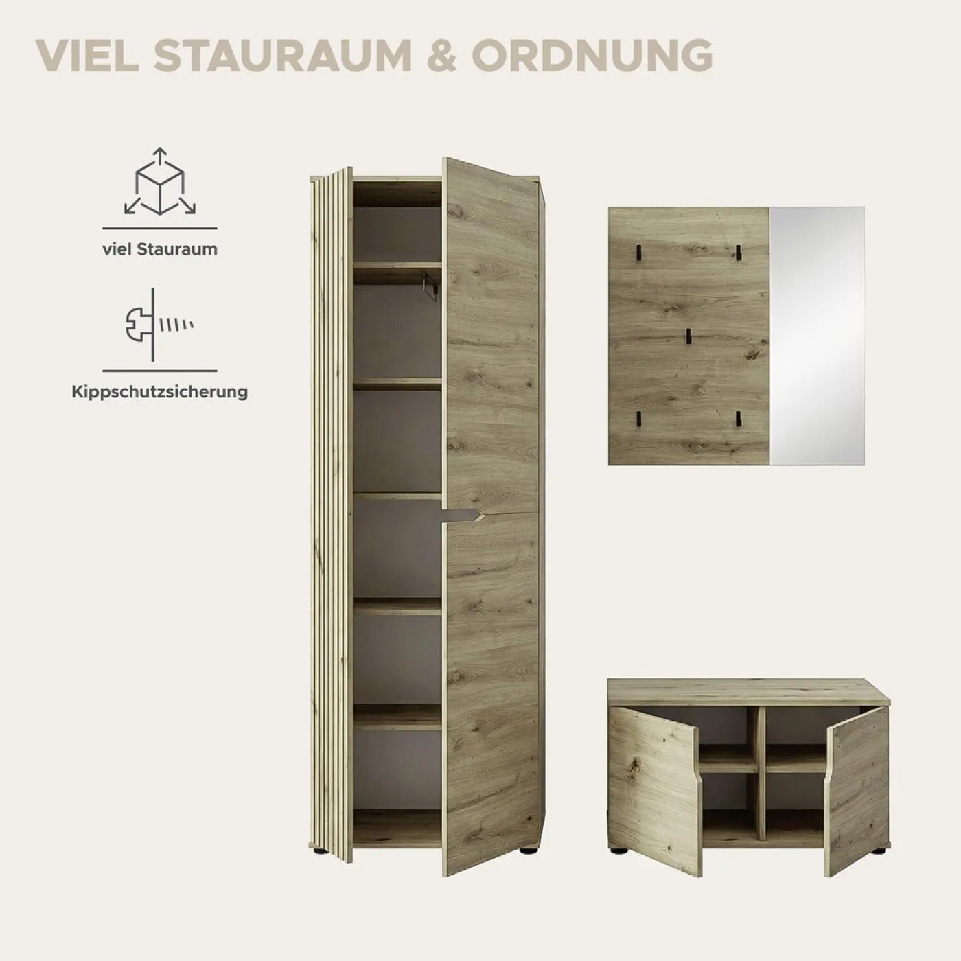 Garderoben-Set Keno | Artisan Eiche | 3-teilig mit Sitzkissen