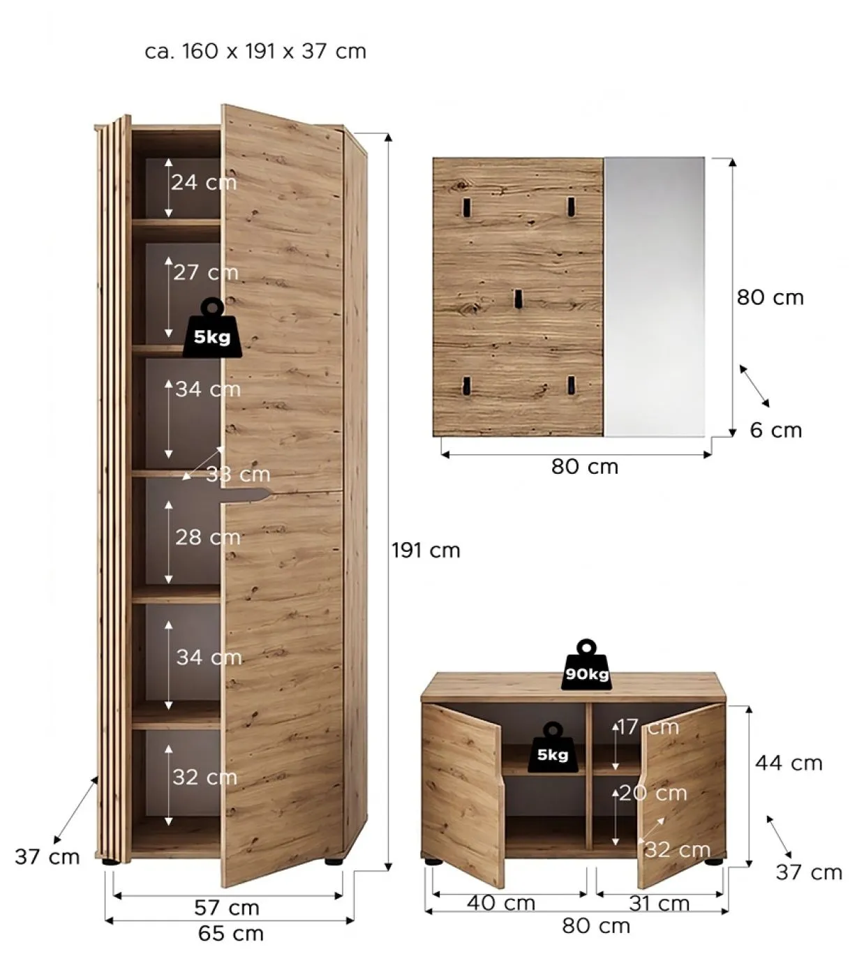 Garderoben-Set Keno | Artisan Eiche | 3-teilig mit Sitzkissen