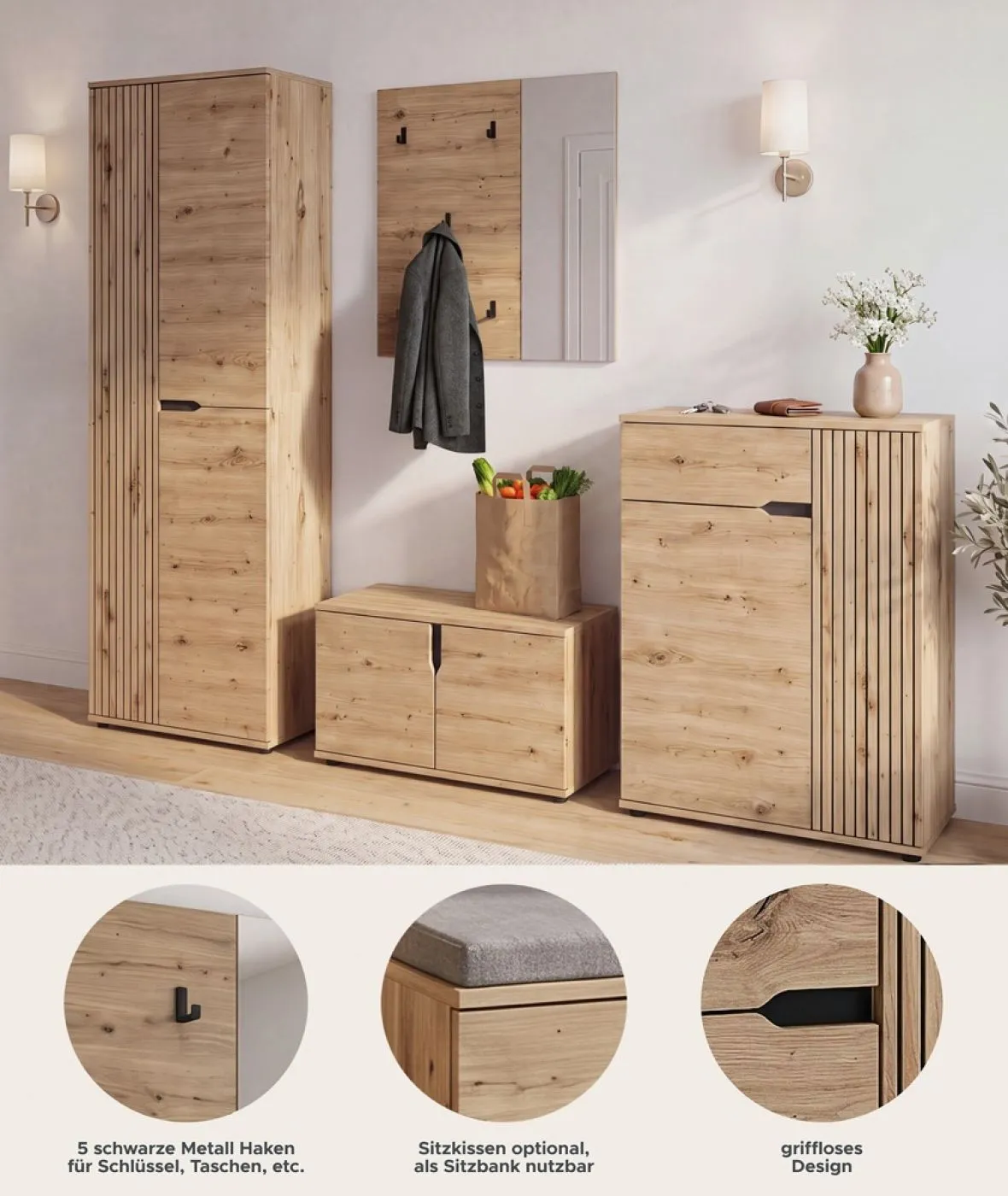 Garderoben-Set Keno | Artisan Eiche | 4-teilig ohne Sitzkissen