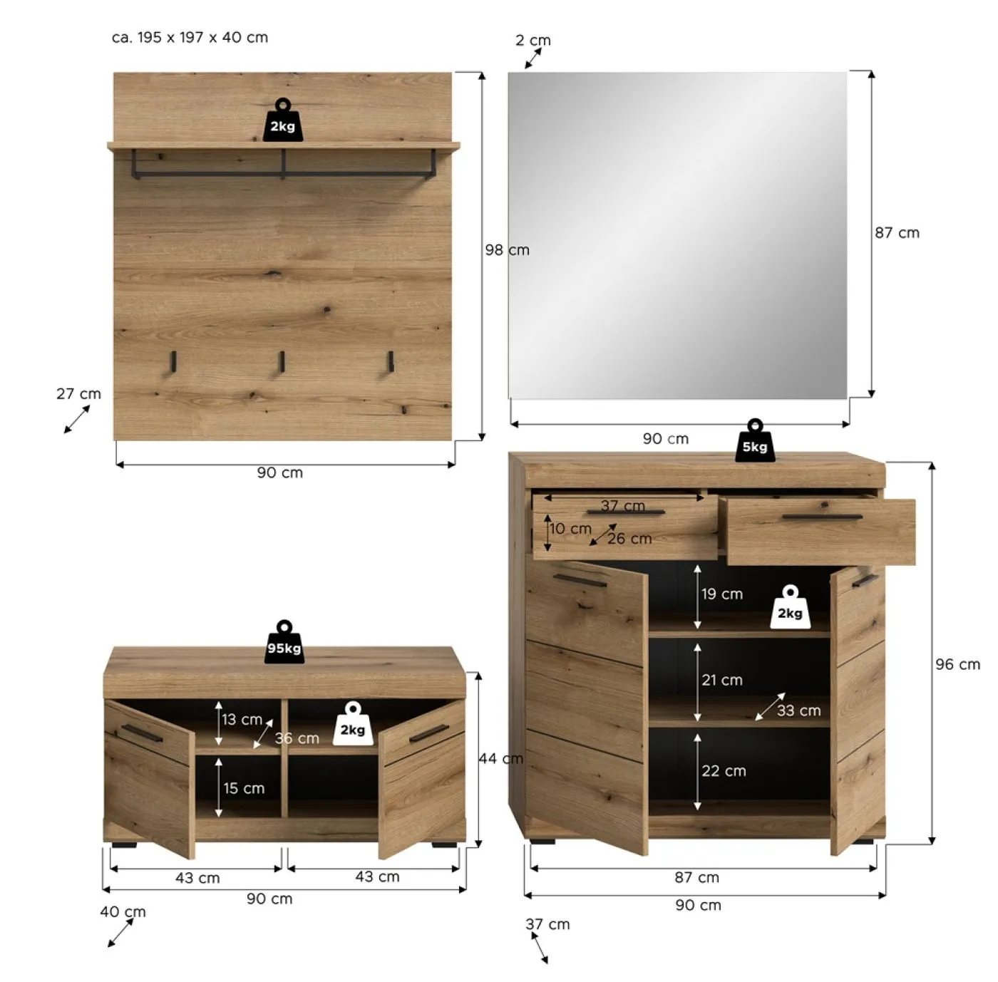 Garderoben-Set Scout | Evoke Oak | 4-teilig ohne Sitzkissen