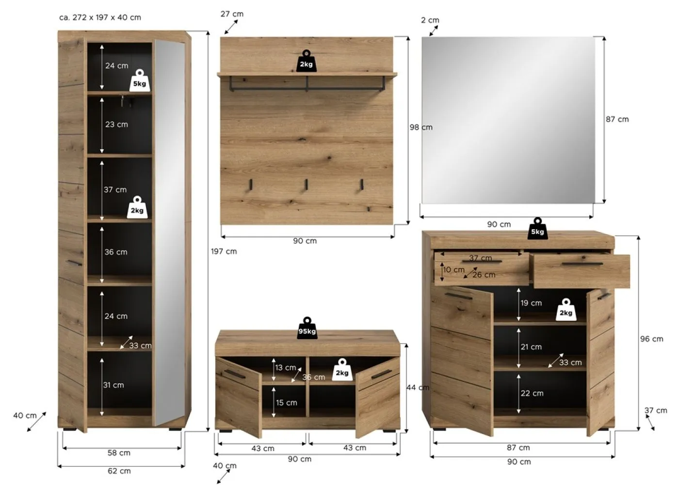 Garderoben-Set Scout | Evoke Oak | 5-teilig | ohne Sitzkissen