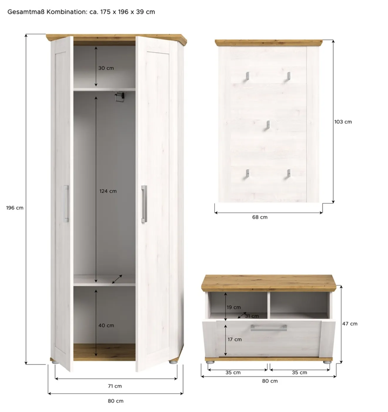 Garderoben-Set Verona | Lärche Sibiu / Eiche | 3-teilig ohne Kissen