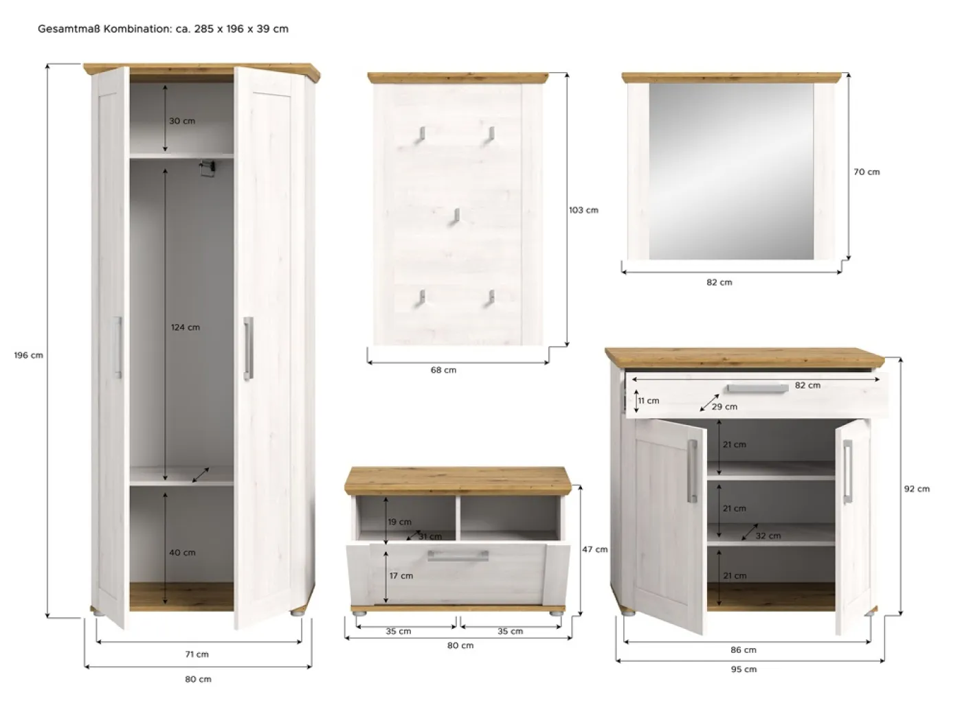 Garderoben-Set Verona | Lärche Sibiu / Eiche | 5-teilig ohne Kissen