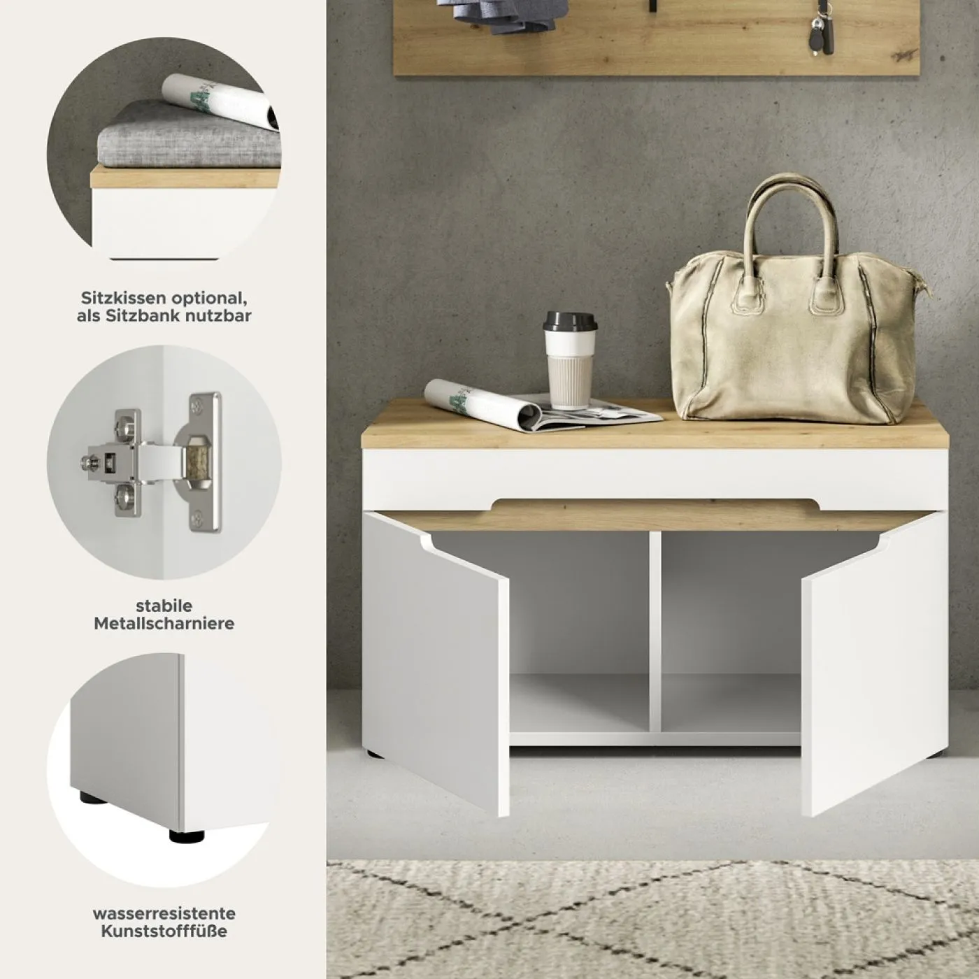 Garderobenbank Sitzbank Canu | Weiß / Artisan Eiche