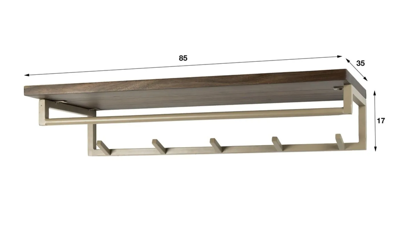 Garderobenpaneel Dion 5 Haken | mit Hutablage | Akazie massiv | beige / braun