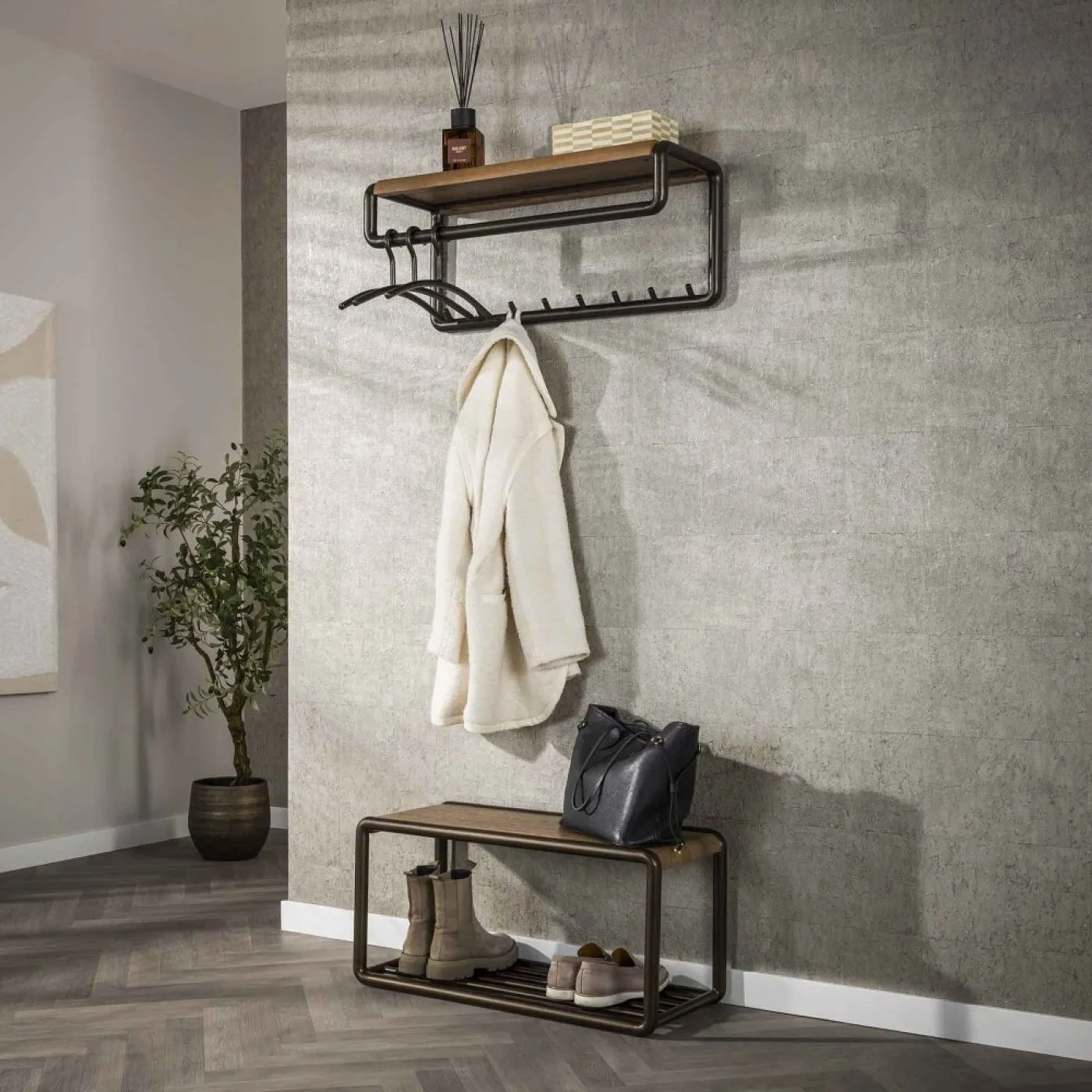 Garderobenpaneel Shio | 8 Haken | Eiche | Drift brown