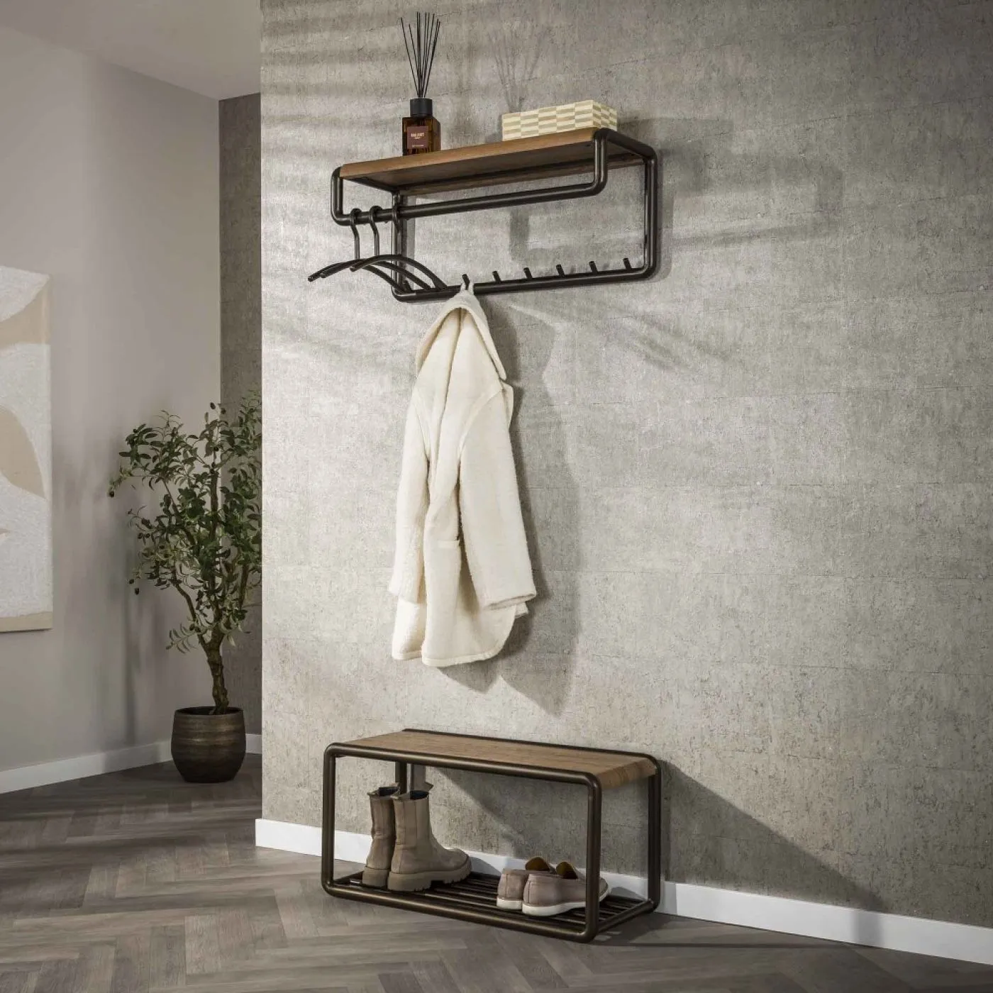 Garderobenpaneel Shio | 8 Haken | Eiche | Drift brown