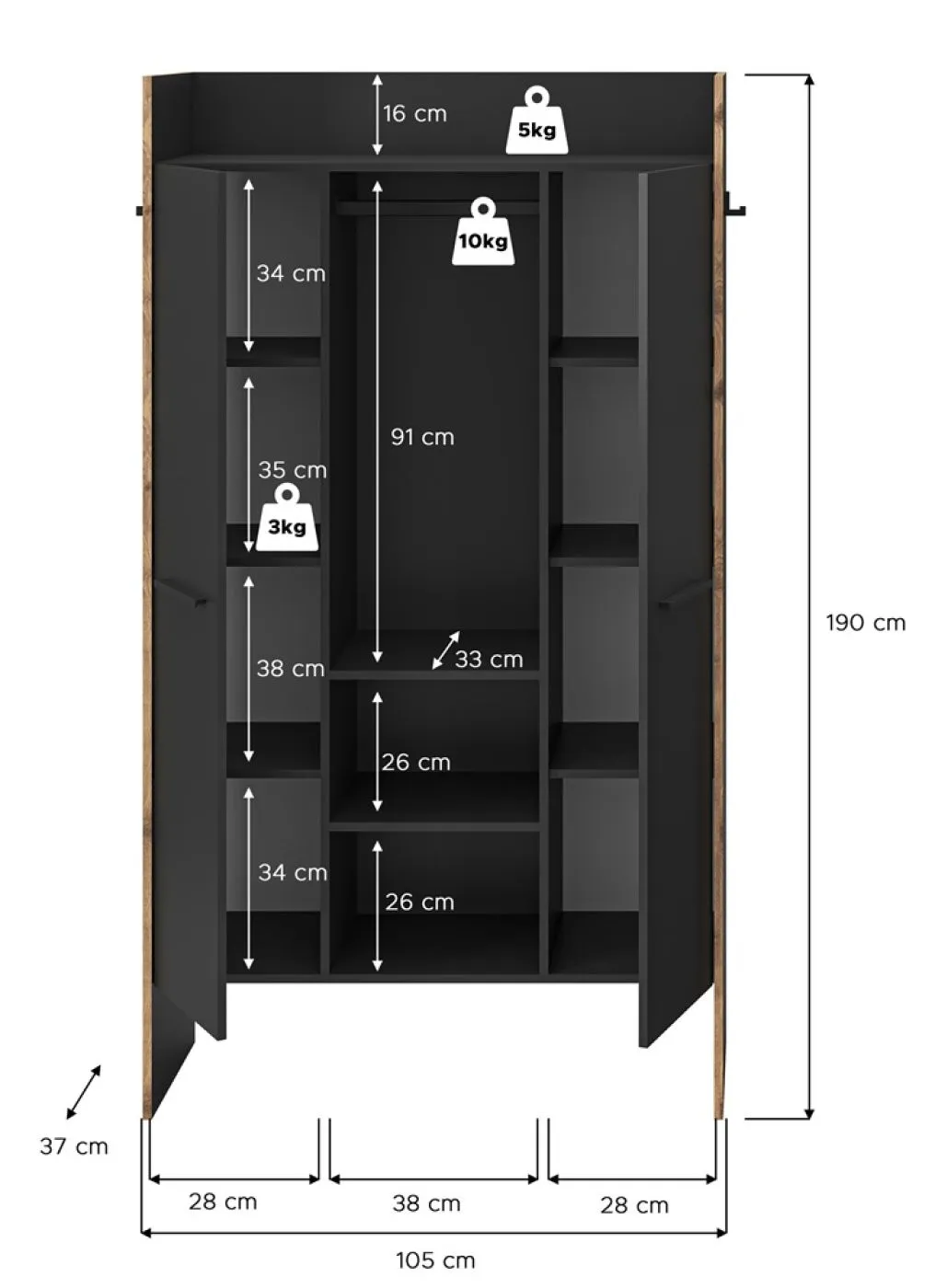 Garderobenschrank Bueno | Basalt / Nox Oak | verschiedene Größen