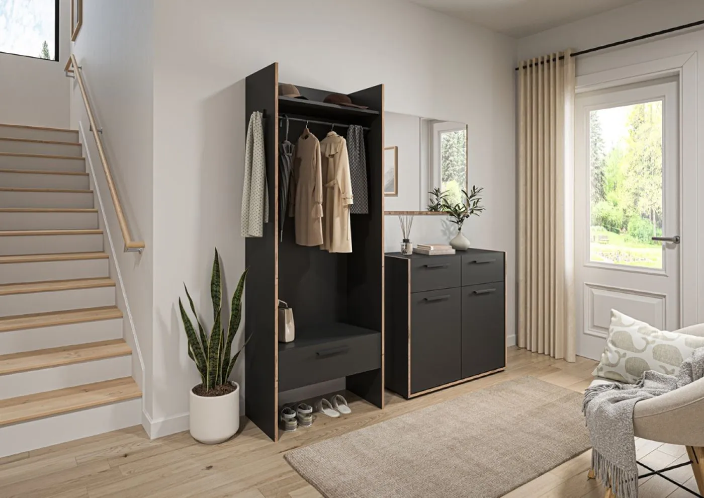 Garderobenschrank Bueno | Basalt / Nox Oak | verschiedene Größen