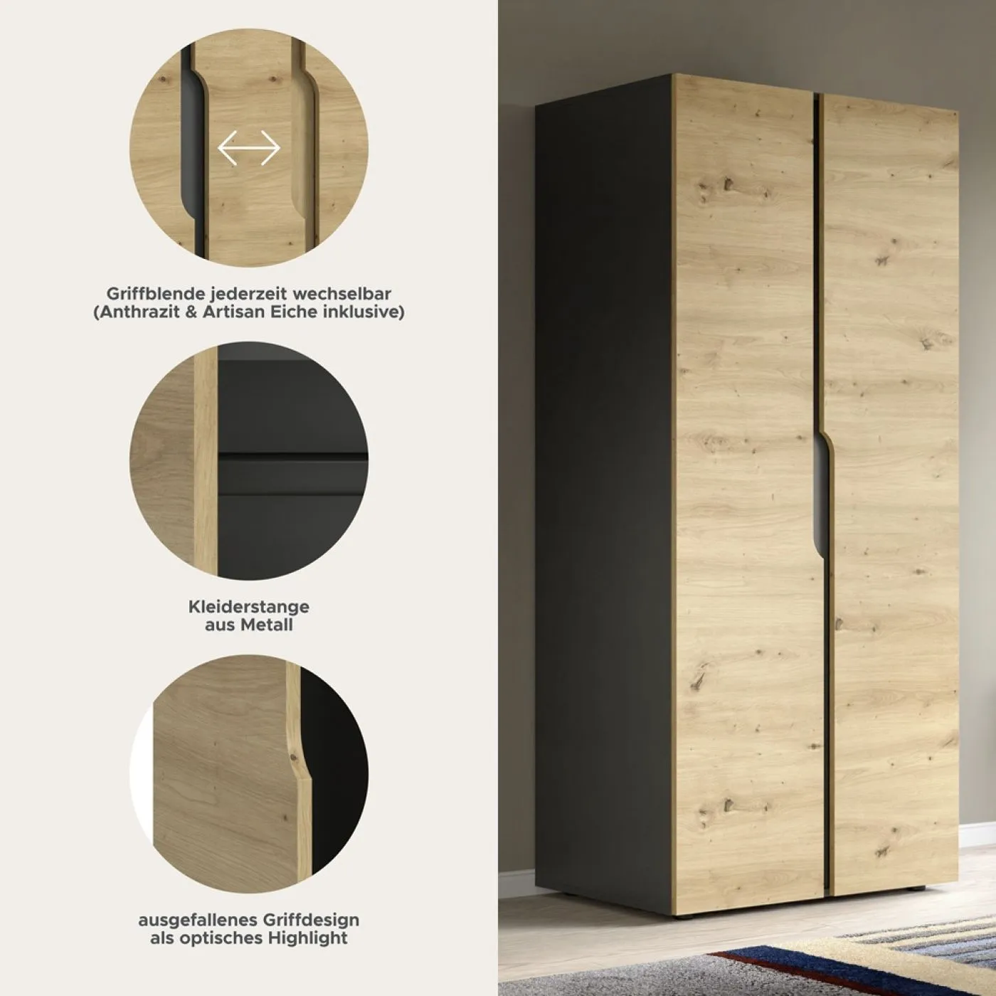 Garderobenschrank Kleiderschrank Anga | Anthrazit / Artisan Eiche
