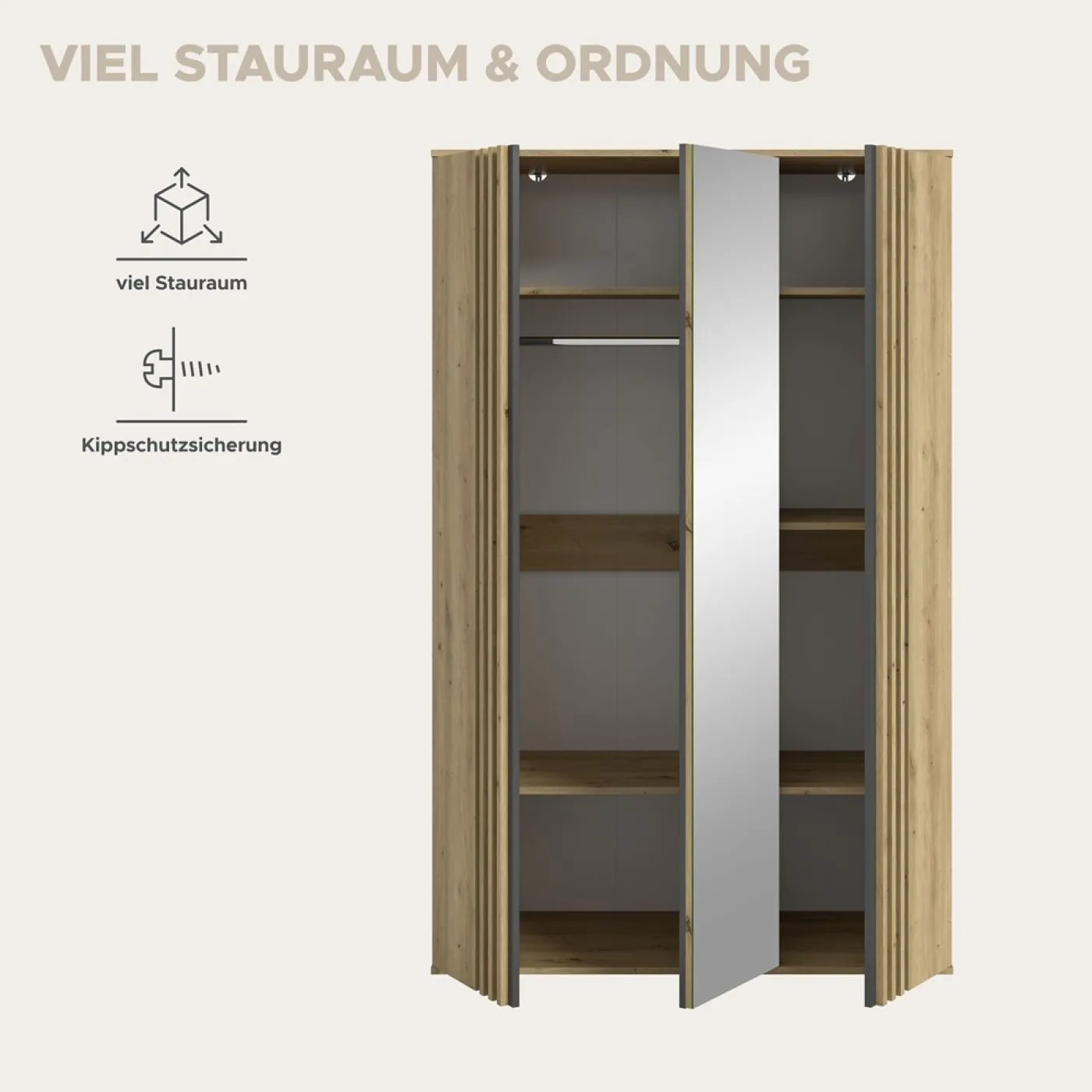 Garderobenschrank Kleiderschrank Tofta | 3-türig | Artisan Eiche