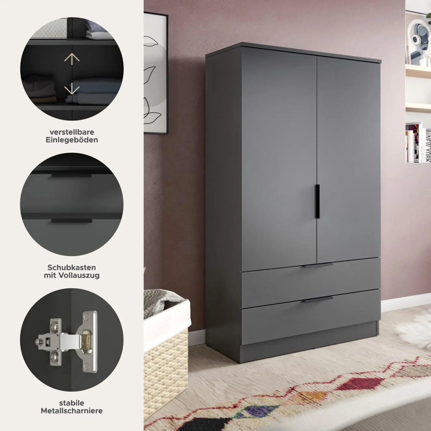 Garderobenschrank Kopenhagen | anthrazit mit Einlegeböden