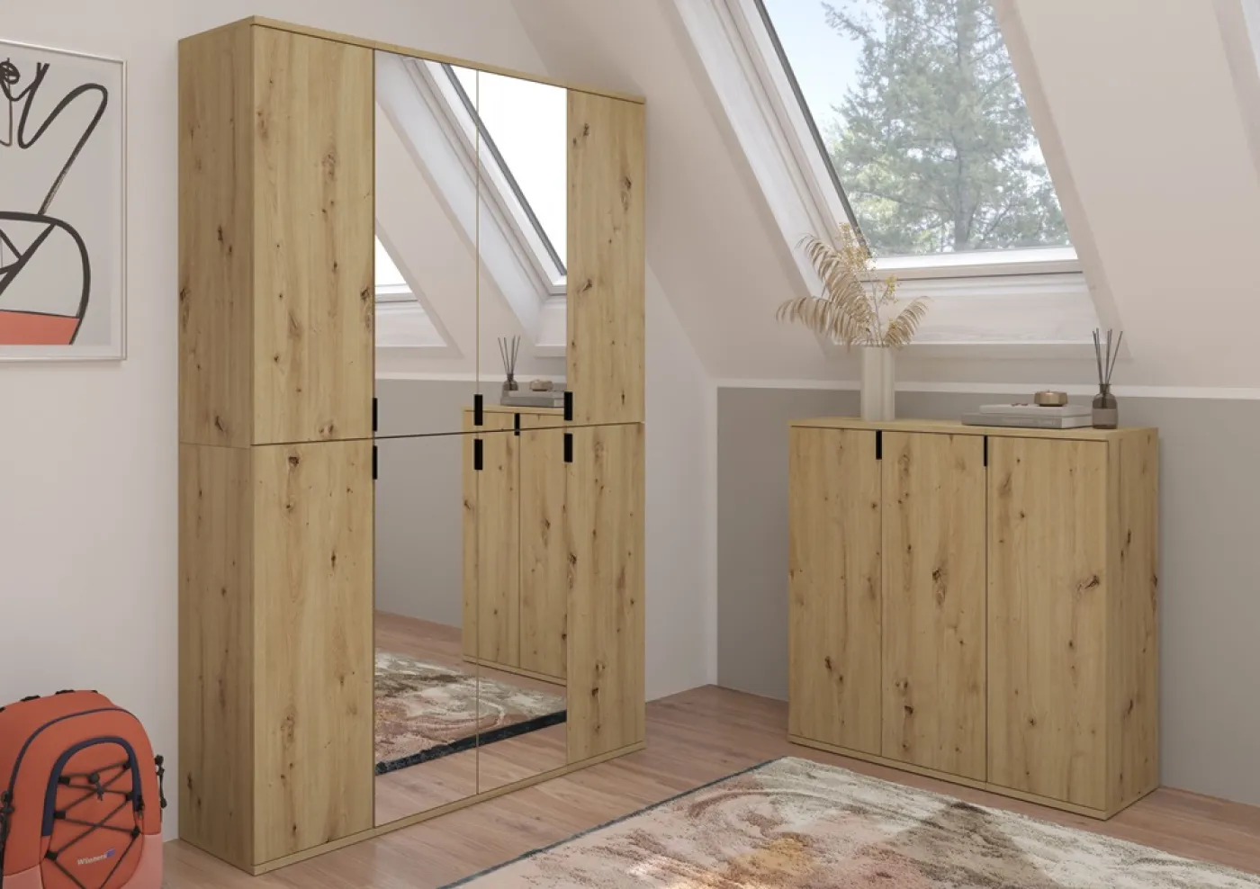 Garderobenschrank Projekt X | Kombination | Artisan Eiche / Spiegeltüren | 3-teilig