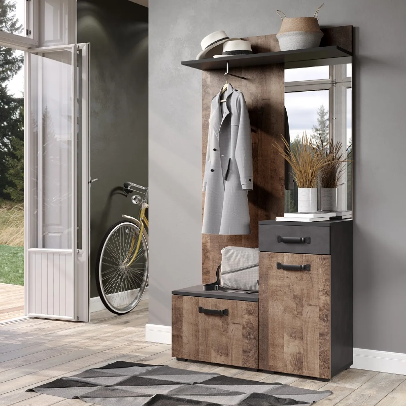 Garderobenschrank Smile mit Spiegel | Tabak Eiche / Matera grau