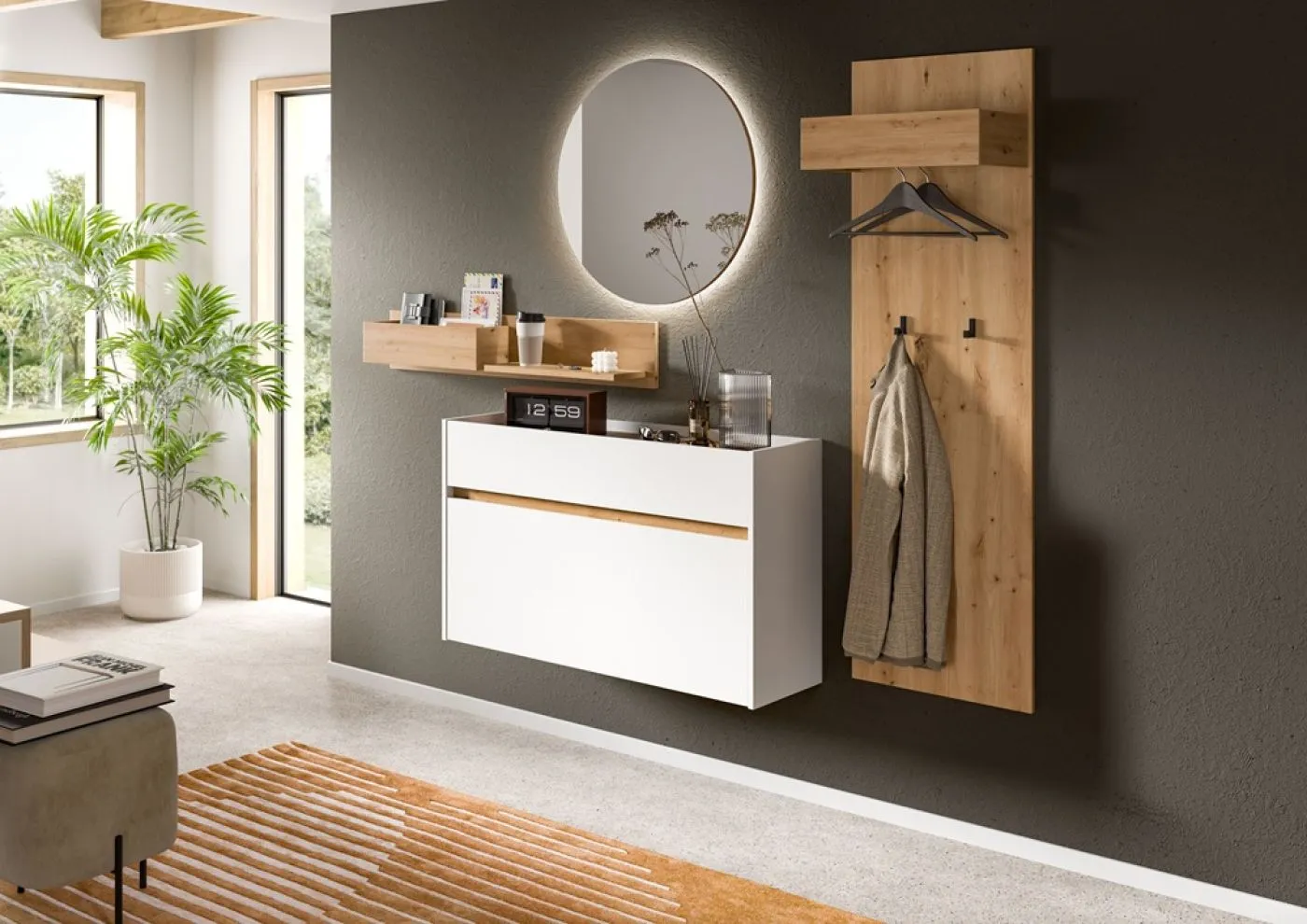 Garderobenspiegel Drive | rund | Artisan Oak inkl. LED Lichtband