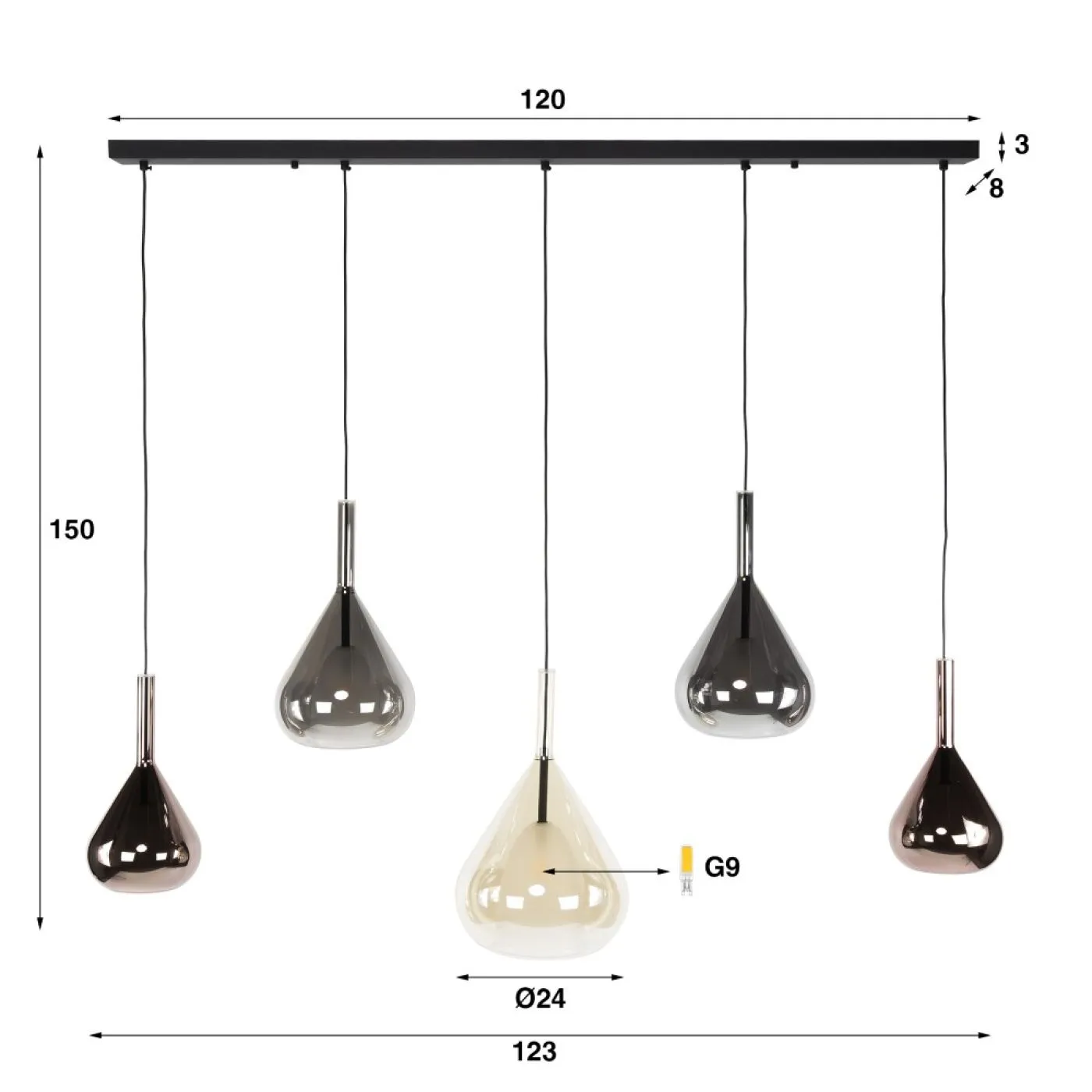 Hängelampe Hani | 5 Leuchten | Glas | Bernstein / Chrom / Kupfer