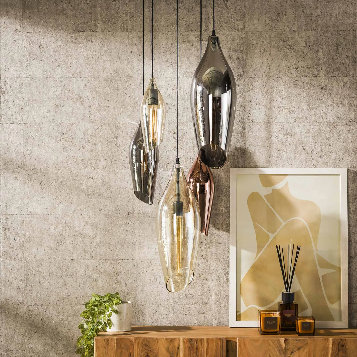 Hängelampe Mayu | 5 Leuchten | Glas | Bernstein / Chrom / Kupfer