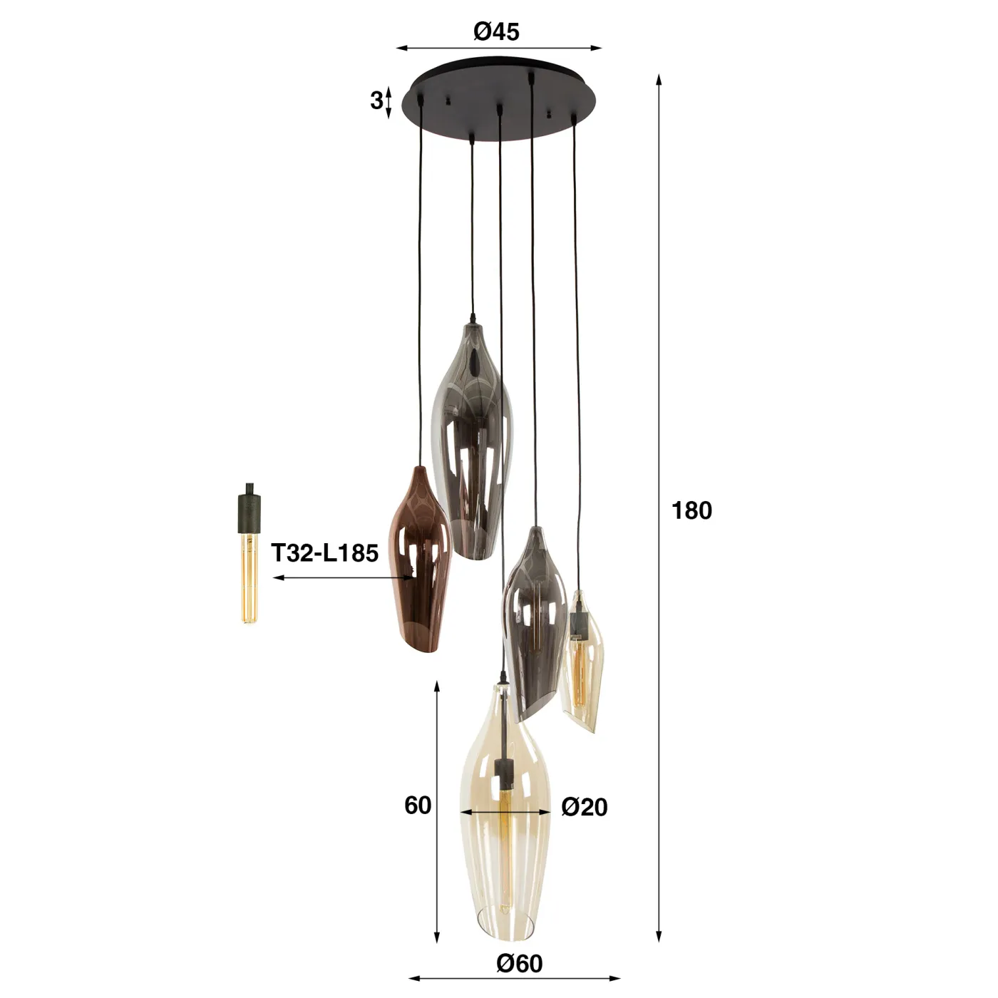 Hängelampe Mayu | 5 Leuchten | Glas | Bernstein / Chrom / Kupfer
