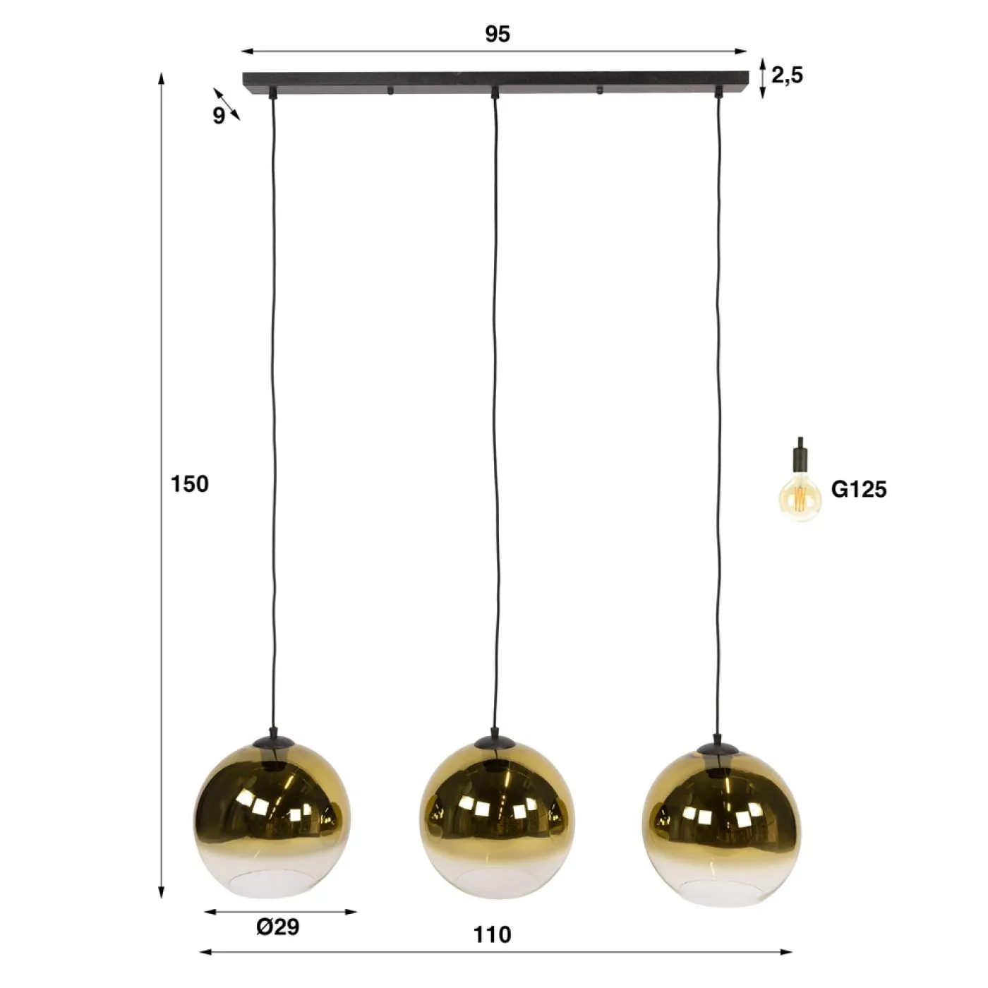 Hängelampe Khons 4 | 3 Leuchten | Glas | Gold