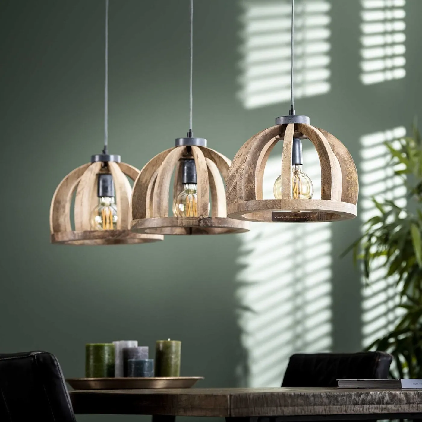 Hängelampe Tiba 3 Leuchten | Holzschirm | Mango massiv | natur