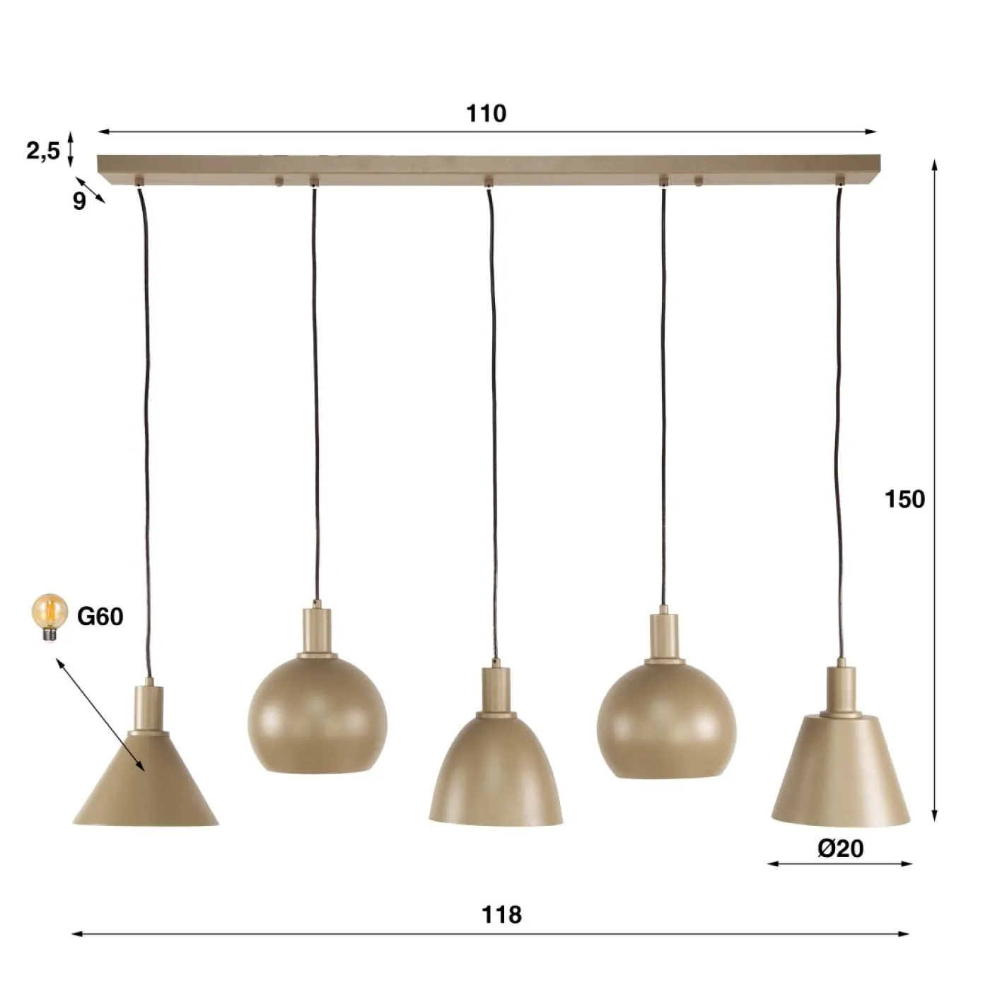 Hängelampe Urano | 5 Leuchten | Metall | beige