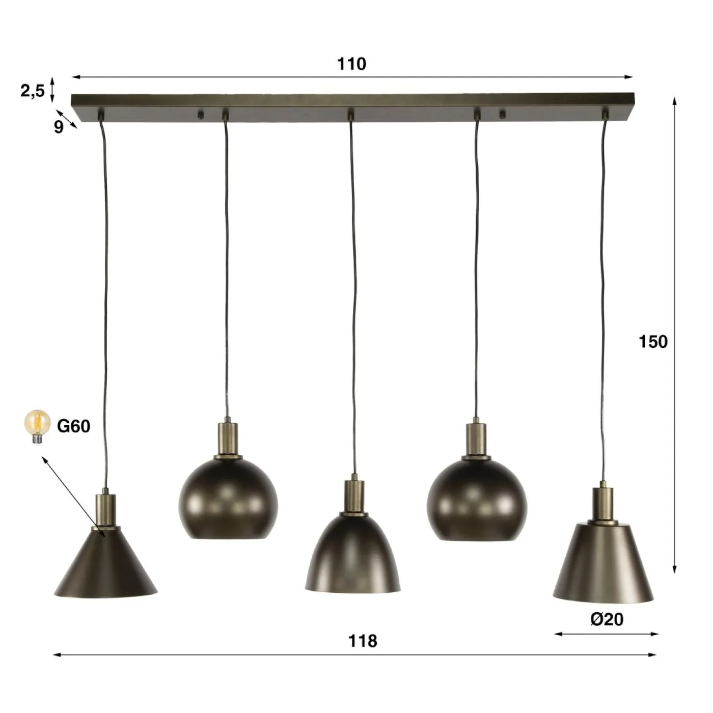 Hängelampe Urano | 5 Leuchten | Metall | Sienna braun