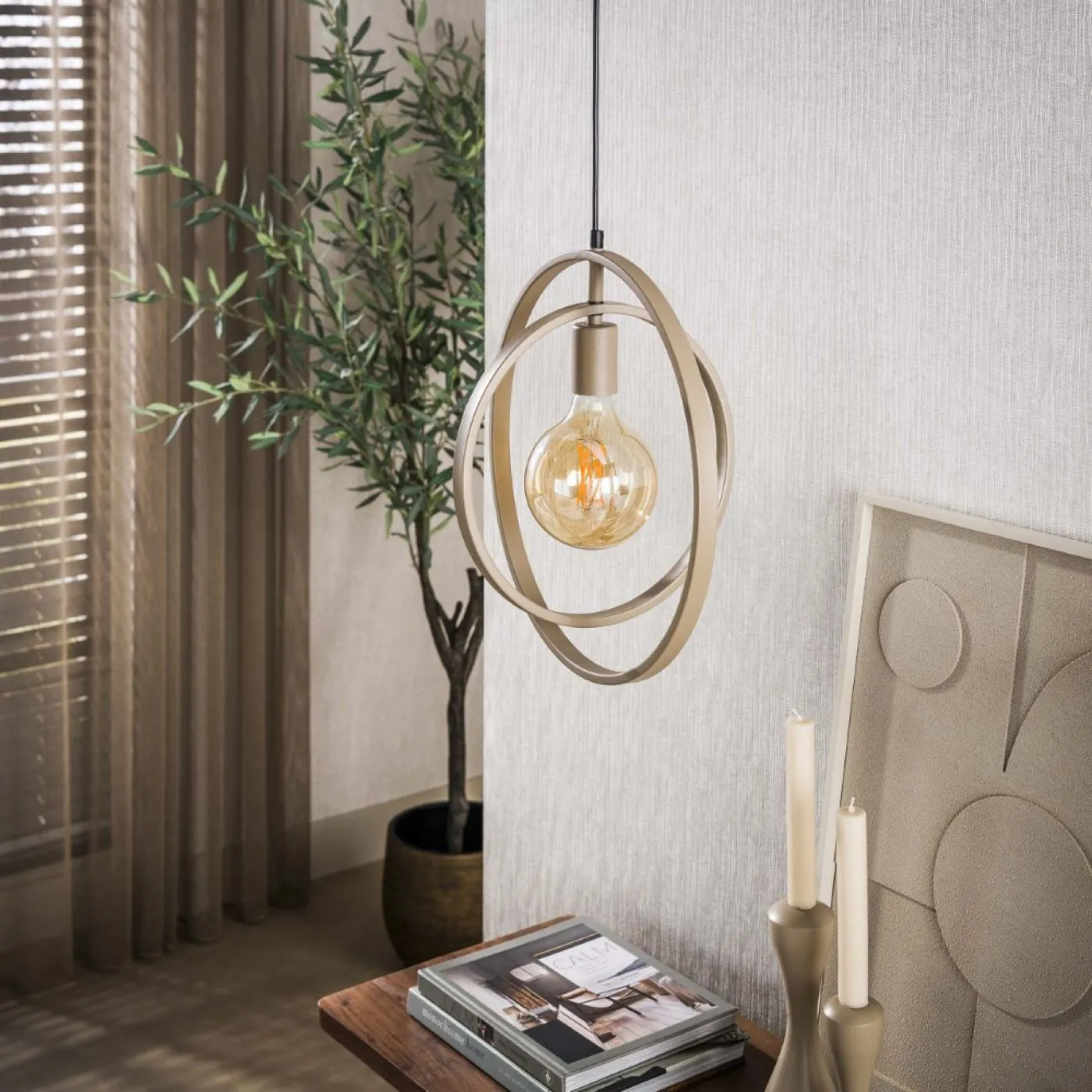 Hängelampe Vejin 1 Leuchte | Metallringe | Beige