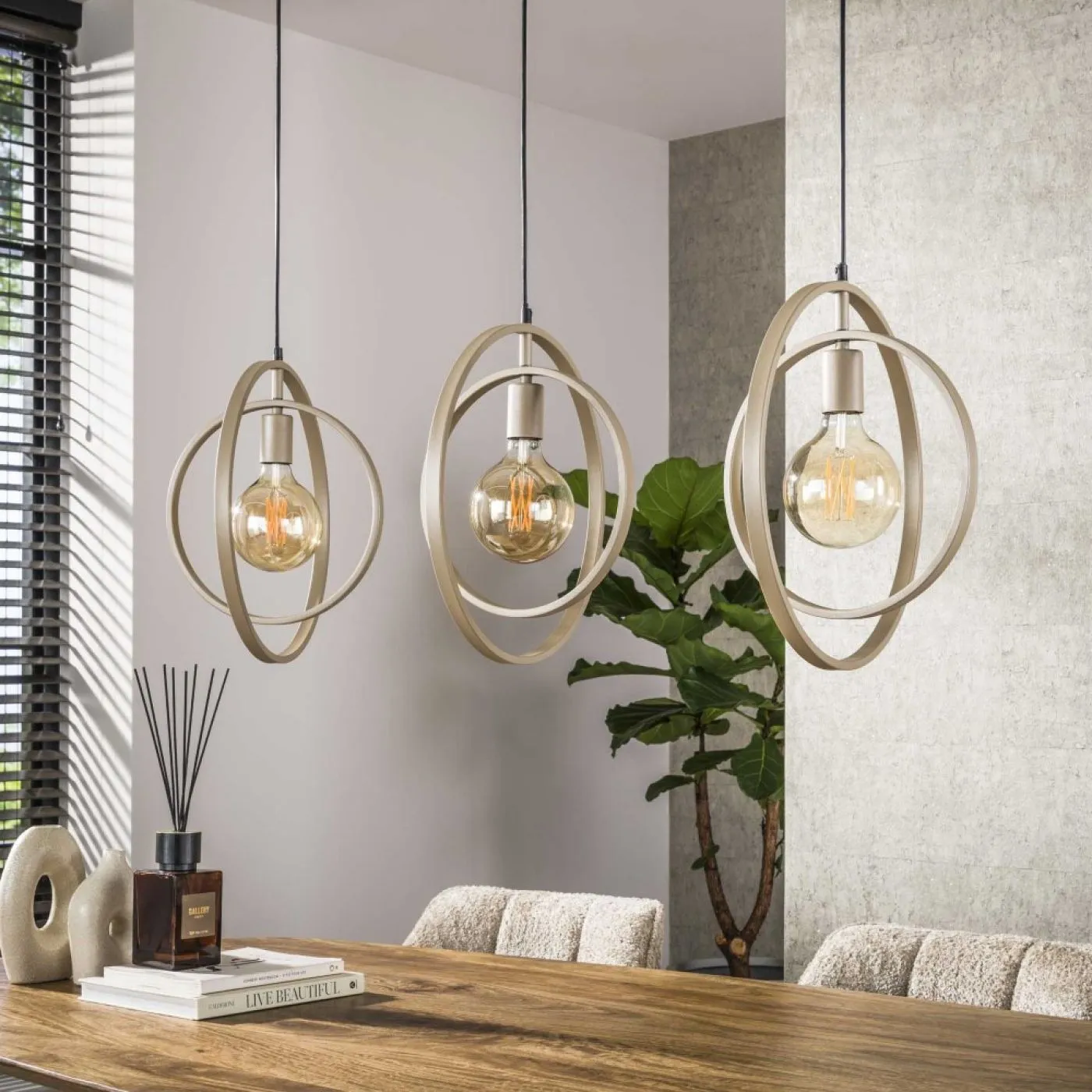 Hängelampe Vejin 3 Leuchten | Metallringe | Beige