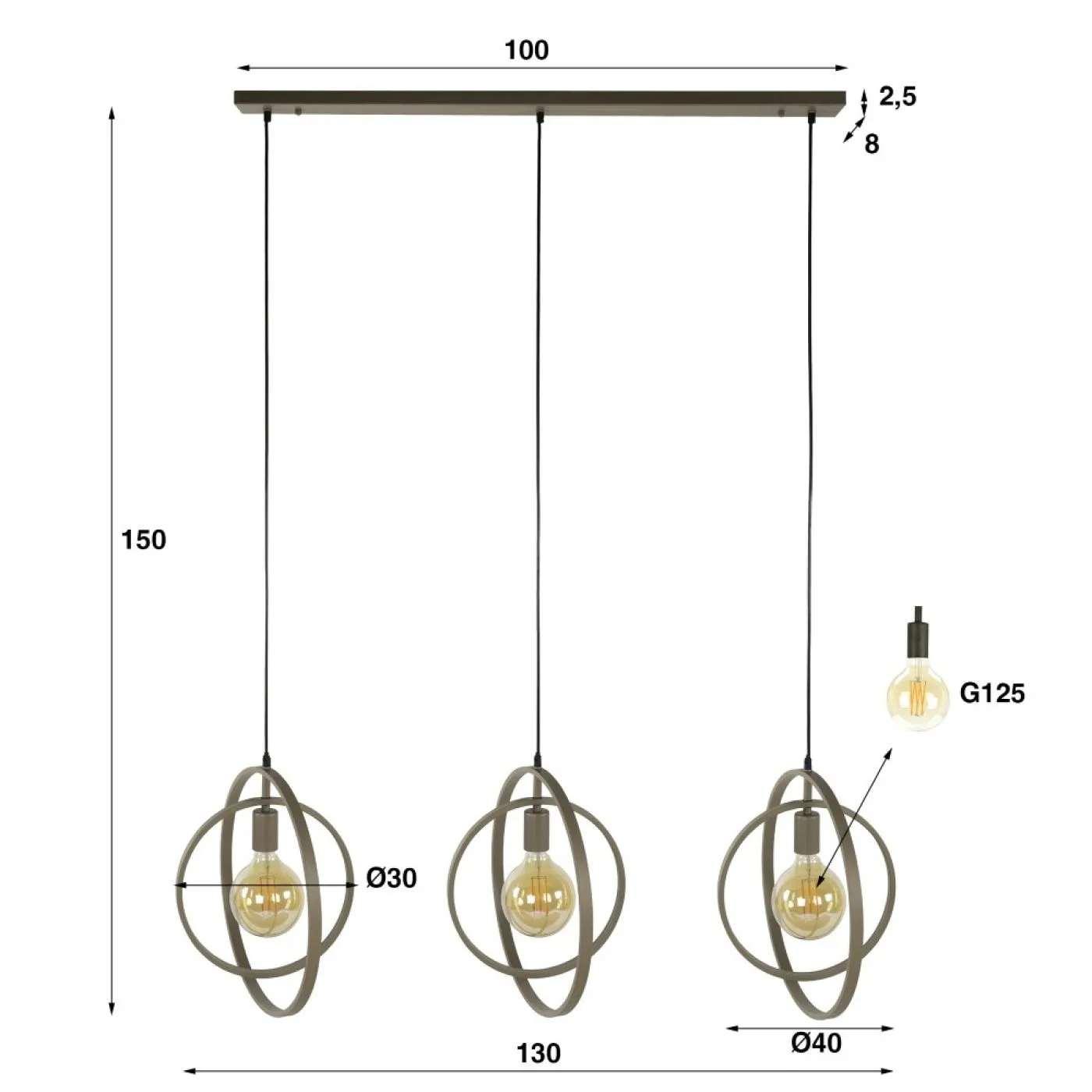 Hängelampe Vejin 3 Leuchten | Metallringe | Beige