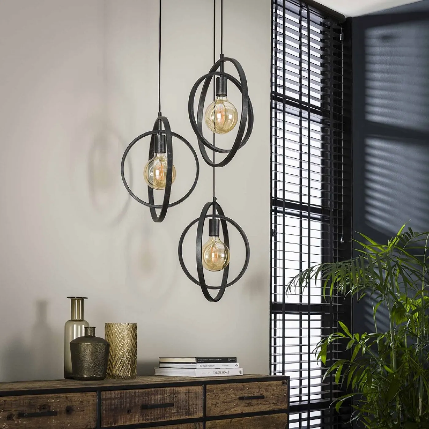 Hängelampe Vejin 3 Leuchten | Metallringe | Charcoal grau | gestuft