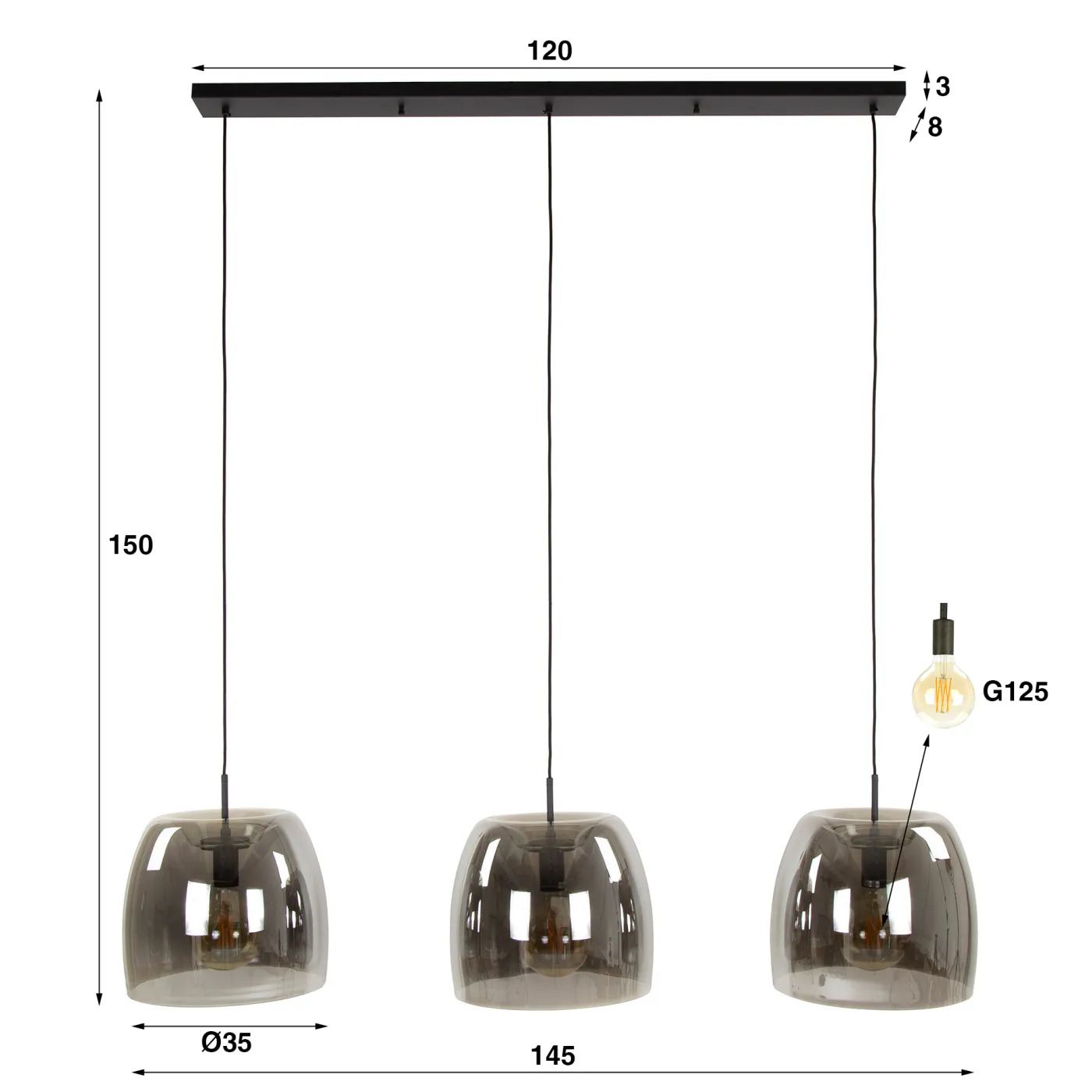 Hängelampen Mace | 3 Leuchten | Glas | rauchgrau