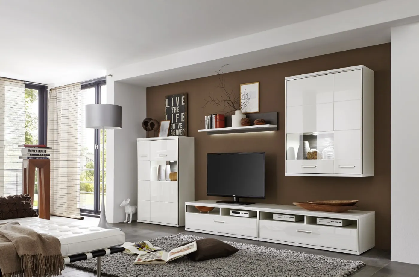 Hängeschrank Hängekommode Trento | weiß Hochglanz | mit 1er Set LED Unterbauspot