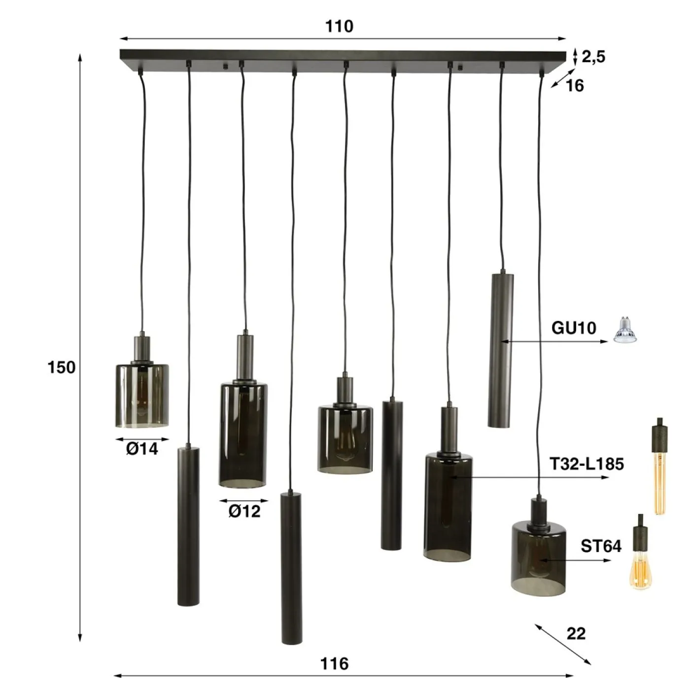 Hengelampe Vika | 9 Leuchten | Glas / Metall | Sienna Braun