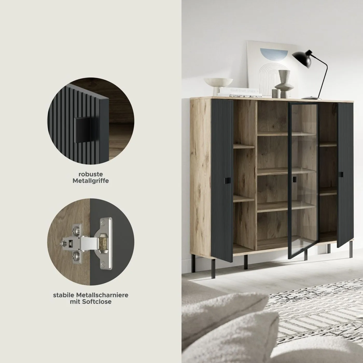 Highboard Chess | Nox Oak / schwarz mit 2er Set Beleuchtung