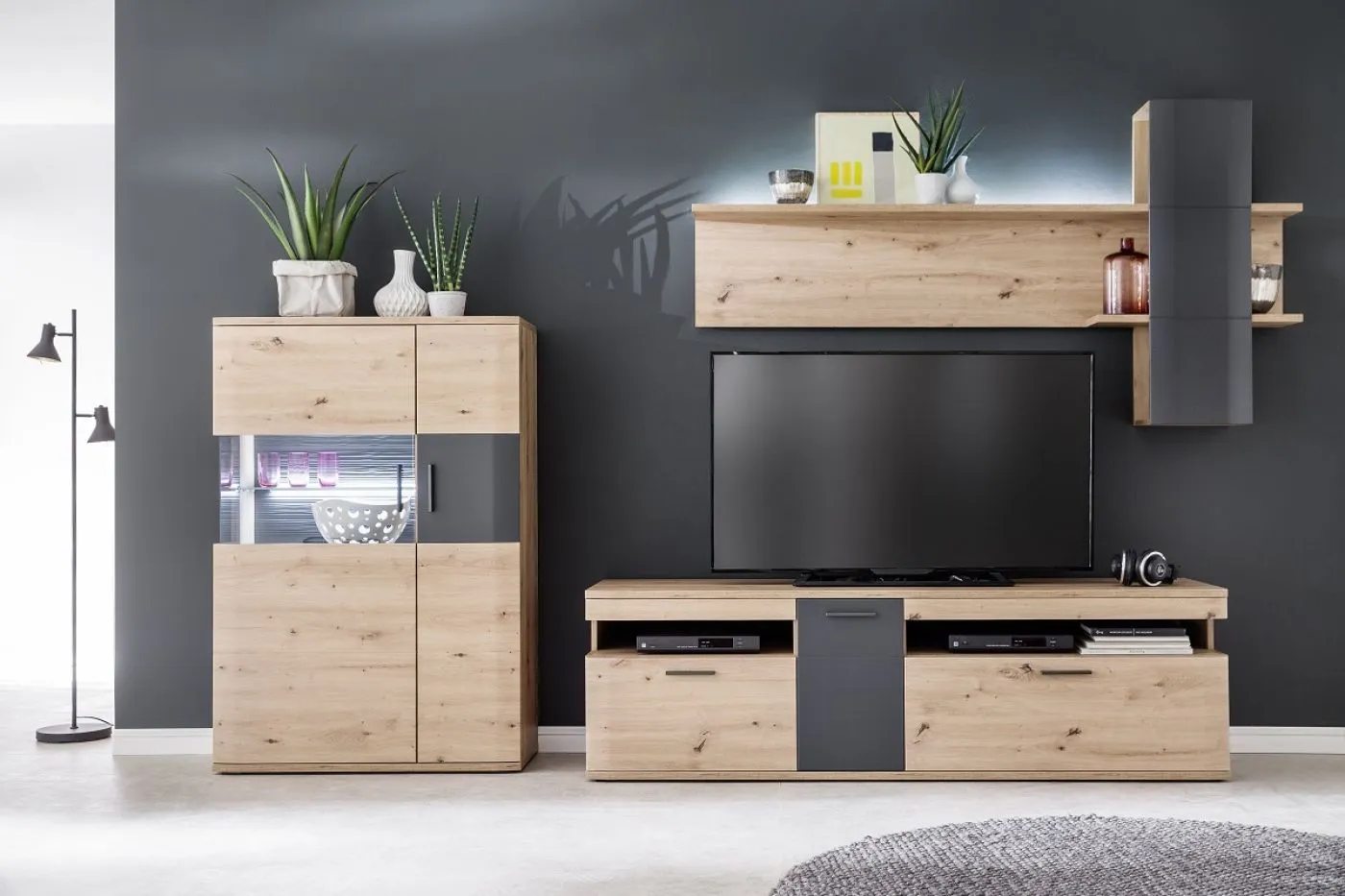 Highboard Cortona 2 | Balkeneiche / anthrazit | ohne Beleuchtung